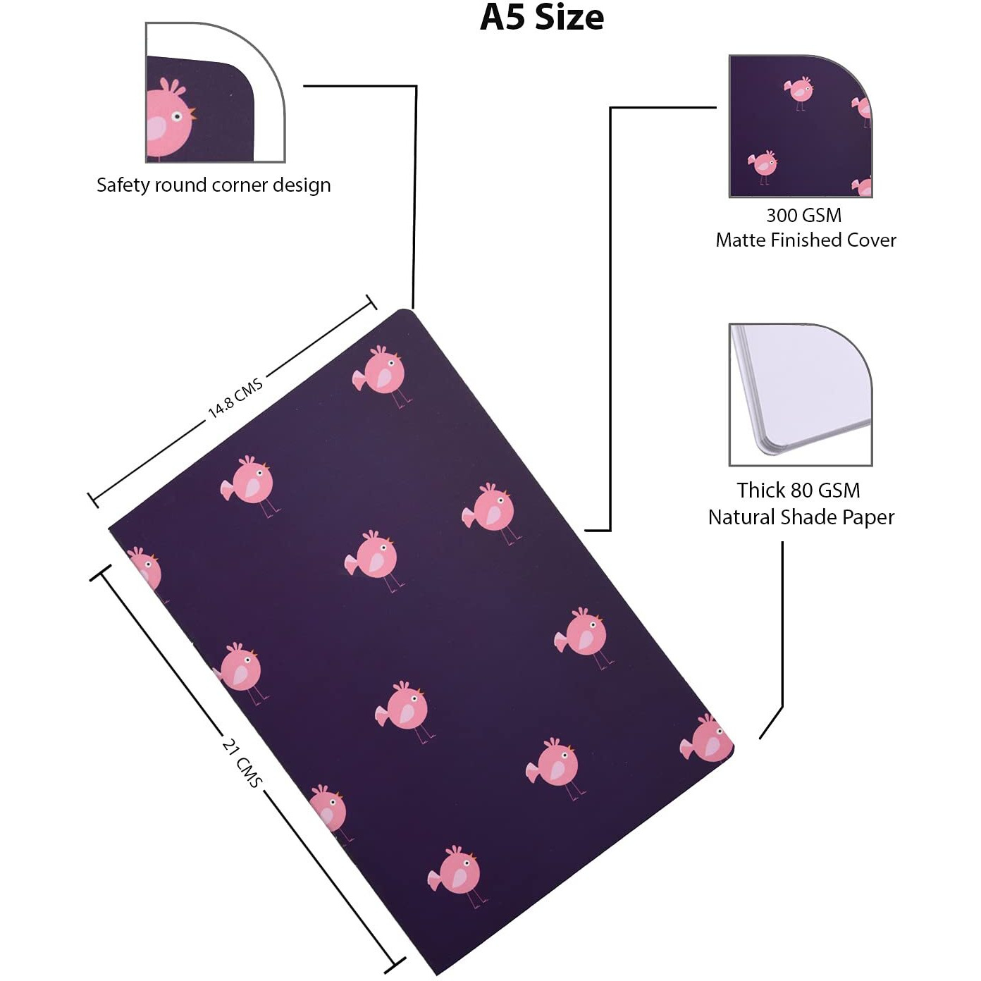 Papboo A5 Handy, Easy to Carry Unruled, Plain Cute Animal Dark Colour Set of 4 for doodling, Writing, Notes, Notebooks -Matte Finished - Journal Diary, Gift.(60 * 4240 80 GSM Pages)