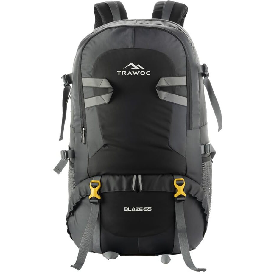 TRAWOC BLAZE 55 Liter Travel Backpack Daypack Bag for Camping Hiking Trekking Bag for Men & Women, Black, SHK014, 3 Year Warranty