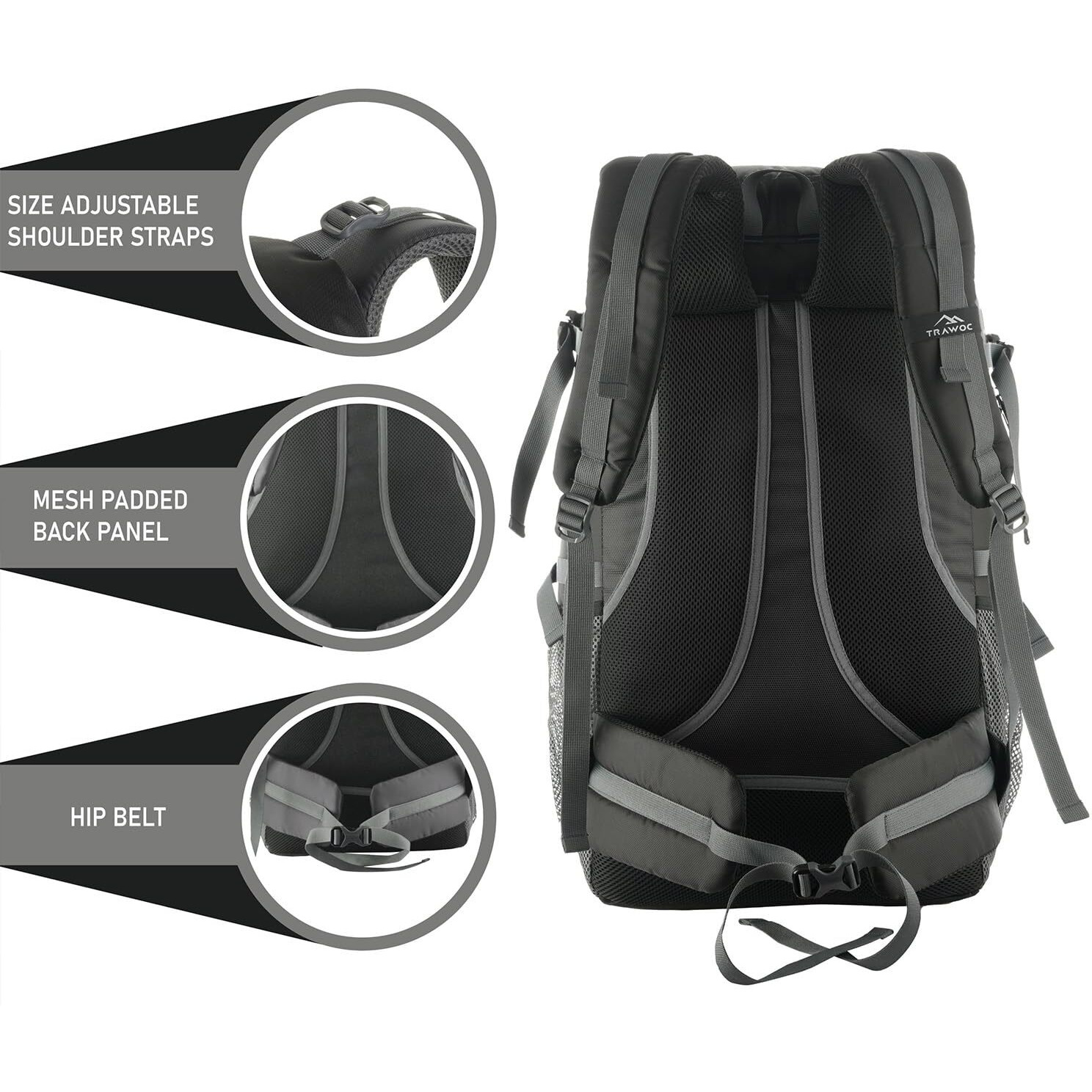 TRAWOC BLAZE 55 Liter Travel Backpack Daypack Bag for Camping Hiking Trekking Bag for Men & Women, Black, SHK014, 3 Year Warranty