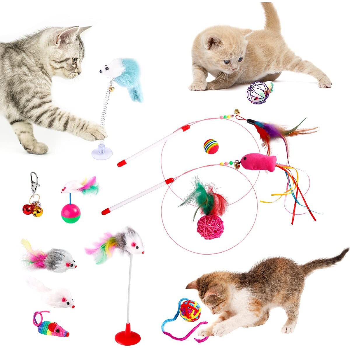 REHTRAD Pack of 13 Cat Toys, Plush Spring Mouse Colored Ball Toys for Kittens (Random Color)