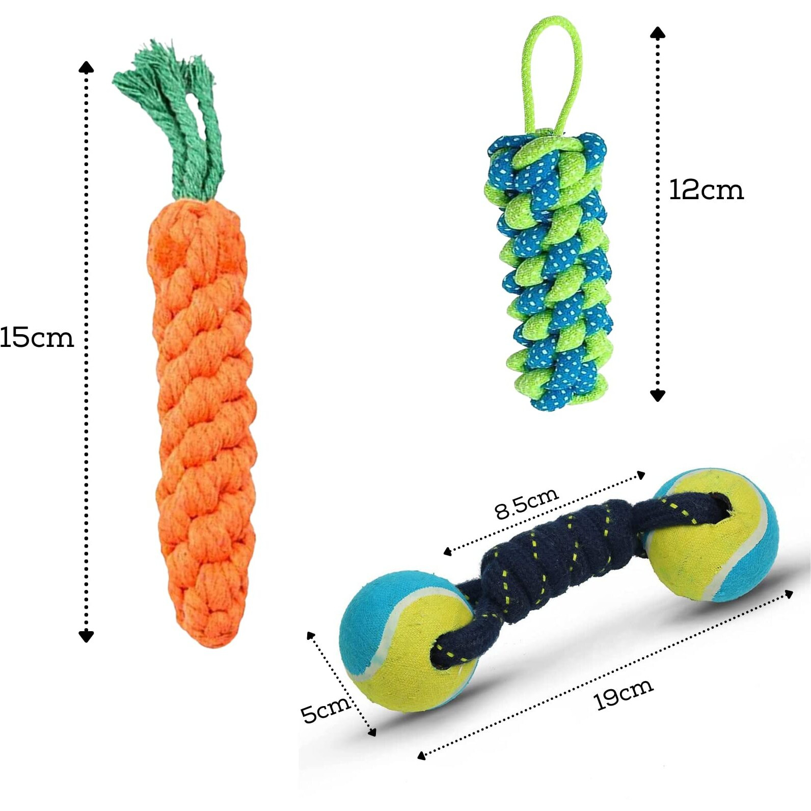 Foodie Puppies Dog Chew Cotton Rope Toys 3in1 Combo for Small Dogs & Puppies (Dual-Tennis + Carrot + CornStick Rope) Knotted Cotton Chew Dog Toy for Playing, Teeth Cleaning & Training (Color May Vary)