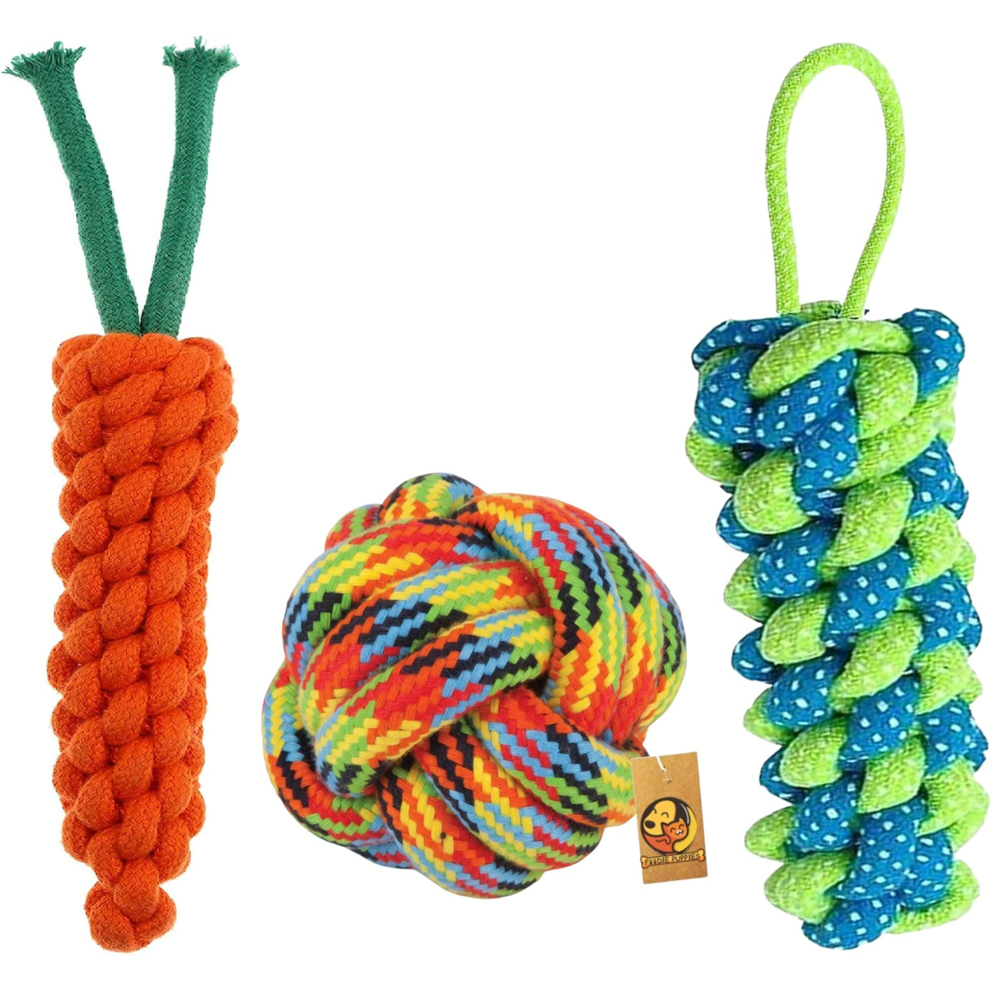 Foodie Puppies Dog Chew Cotton Rope Toys 3in1 Combo for Small Dogs & Puppies (Cotton Ball + Carrot + CornStick Rope) Knotted Cotton Chew Dog Toy for Playing, Teeth Cleaning & Training (Color May Vary)