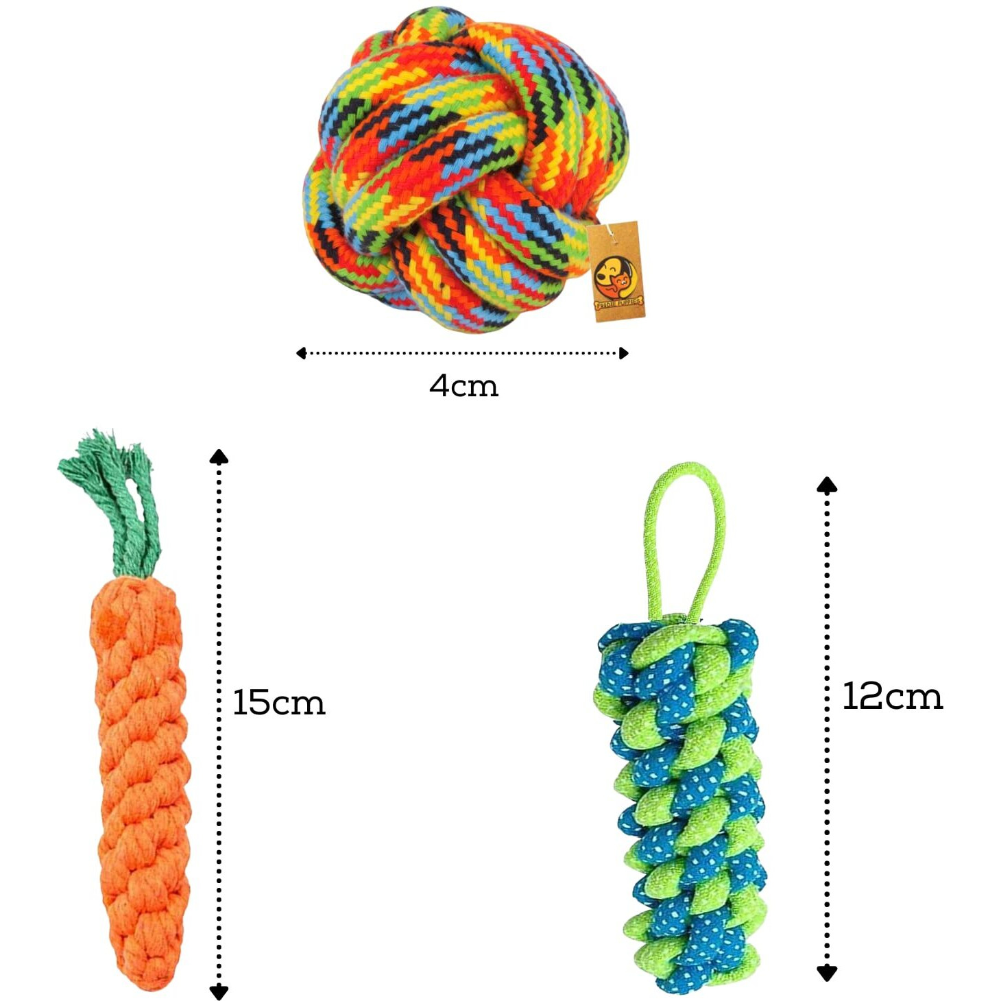 Foodie Puppies Dog Chew Cotton Rope Toys 3in1 Combo for Small Dogs & Puppies (Cotton Ball + Carrot + CornStick Rope) Knotted Cotton Chew Dog Toy for Playing, Teeth Cleaning & Training (Color May Vary)