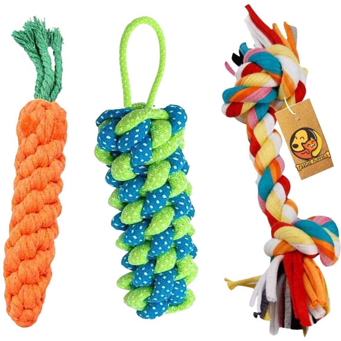 Foodie Puppies 3in1 Dog Chew Cotton Rope Toys Combo for Dogs (2Knot Rope + Corn Stick + Carrot Rope) | Washable Chew Rope Dog Toys for Playing, Teeth Cleaning and Training | for Medium to Large breeds
