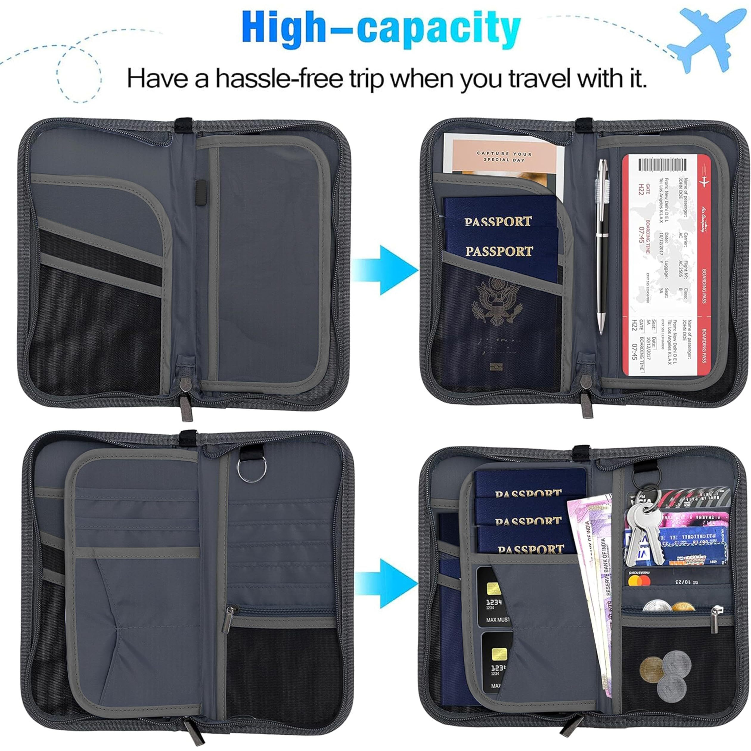 DAHSHAPassport Holder Wallet Organizer for Credit Debit Card Boarding Pass with Removable Hand Strap for Men and Women (1 Pack-5 Passport Slot RFID Grey)