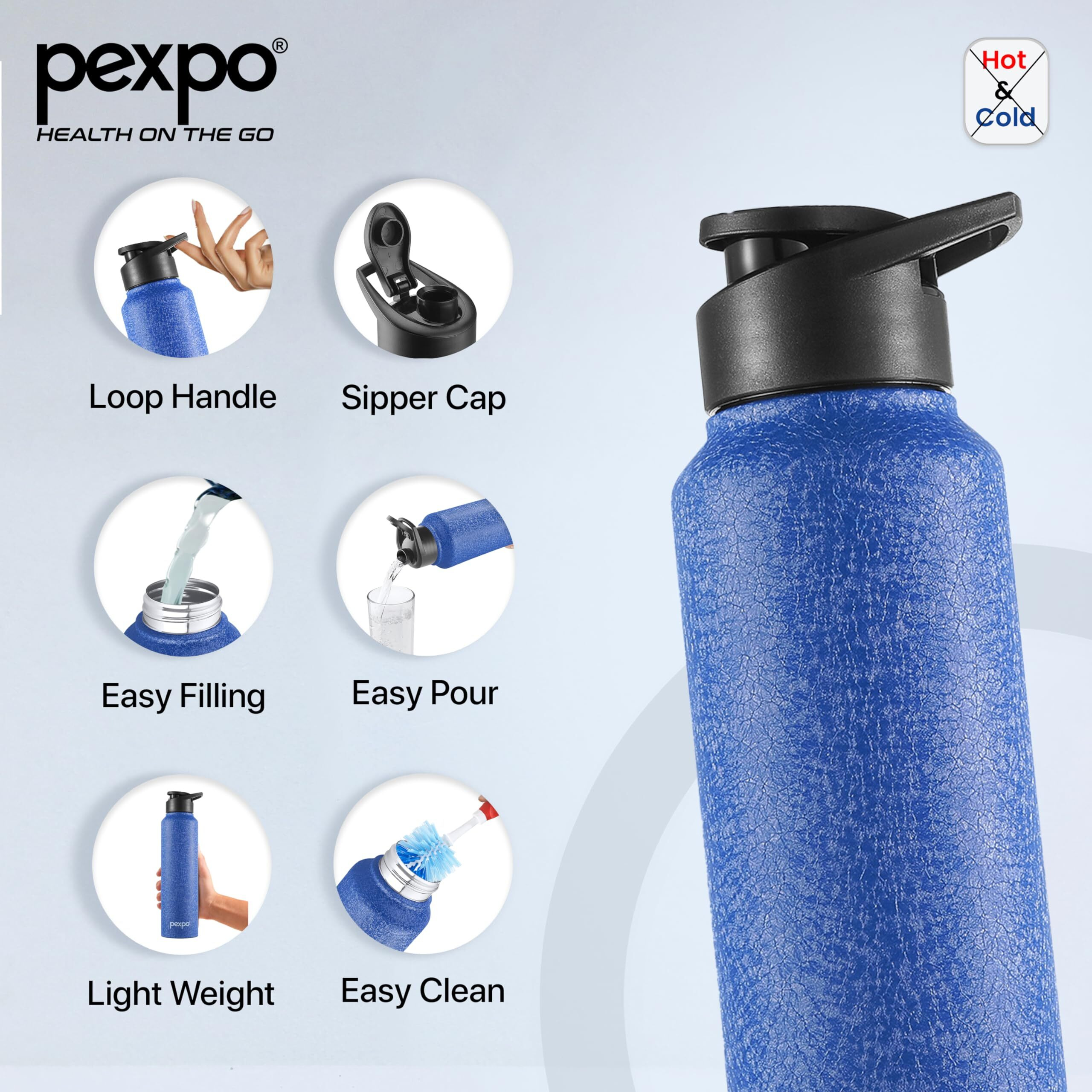 PEXPO Chromo Stainless Steel Sports/Fridge Sipper Water Bottle 1 Litre, Blue Pack of 5 | Eco friendly | BPA Free | Water Bottle for Office, Gym, School, Yoga, Trekking, Men, Women and Kids