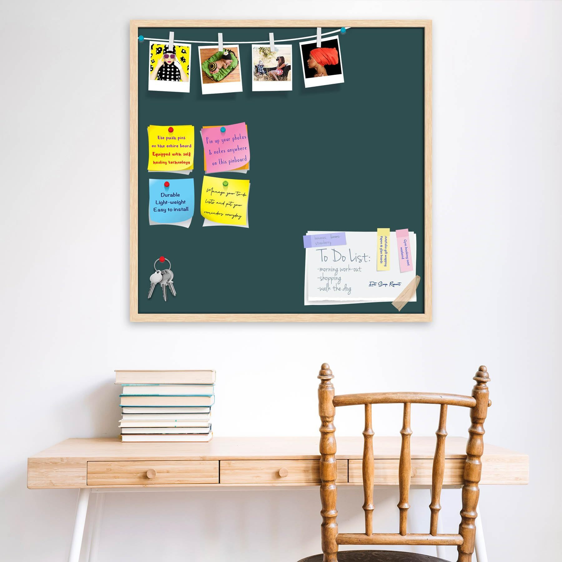 ArtzFolio Greys Family Dark Slate Gray Colour | Bulletin Board Notice Pin Board | Vision Soft Board Combo with Thumb Push Pins & Sticky Notes | Natural Brown Frame | 24 x 24 inch (61 x 61 cms)