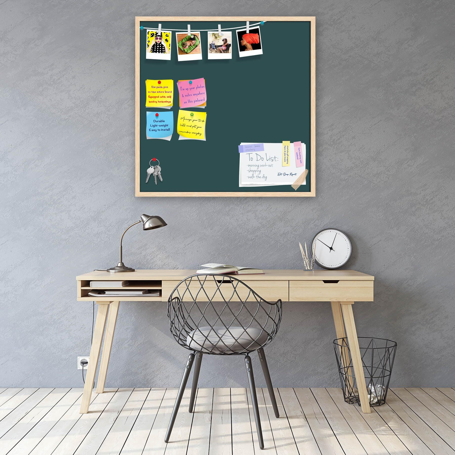 ArtzFolio Greys Family Dark Slate Gray Colour | Bulletin Board Notice Pin Board | Vision Soft Board Combo with Thumb Push Pins & Sticky Notes | Natural Brown Frame | 24 x 24 inch (61 x 61 cms)