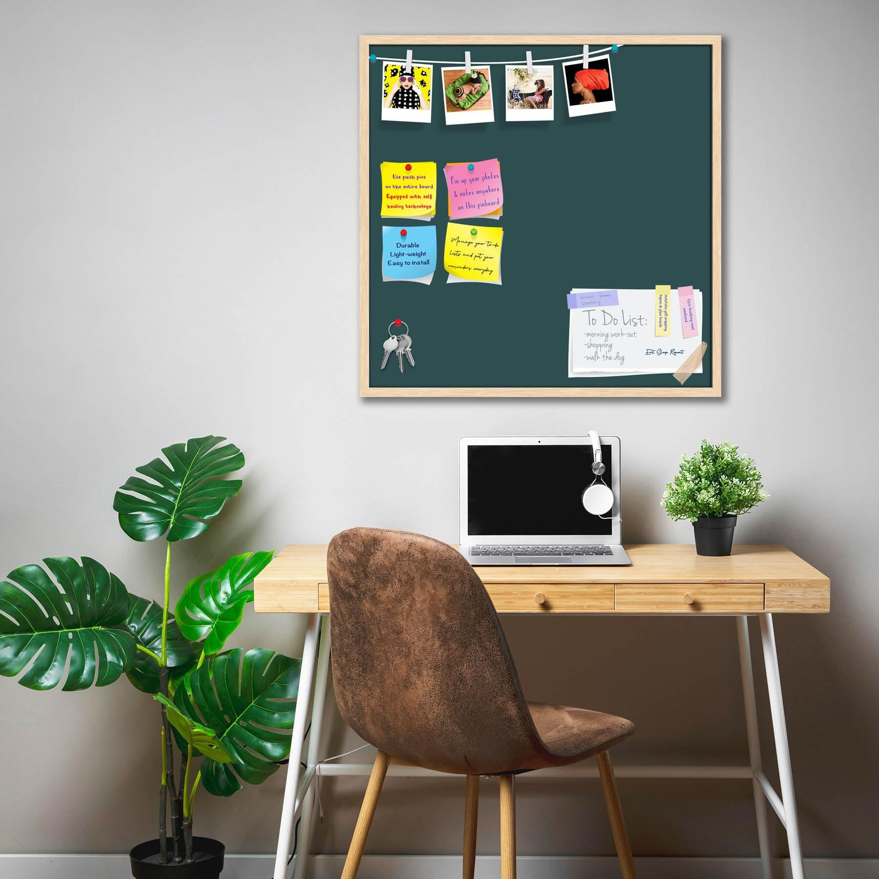 ArtzFolio Greys Family Dark Slate Gray Colour | Bulletin Board Notice Pin Board | Vision Soft Board Combo with Thumb Push Pins & Sticky Notes | Natural Brown Frame | 24 x 24 inch (61 x 61 cms)