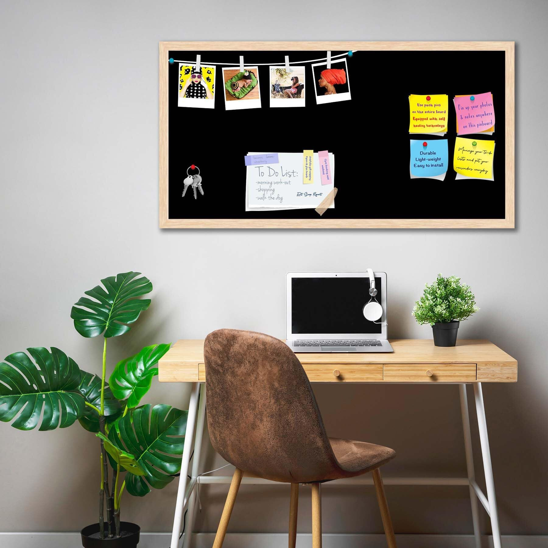ArtzFolio Greys Family Black Colour | Bulletin Board Notice Pin Board | Vision Soft Board Combo with Thumb Push Pins & Sticky Notes | Natural Brown Frame | 30 x 15 inch (76 x 38 cms)