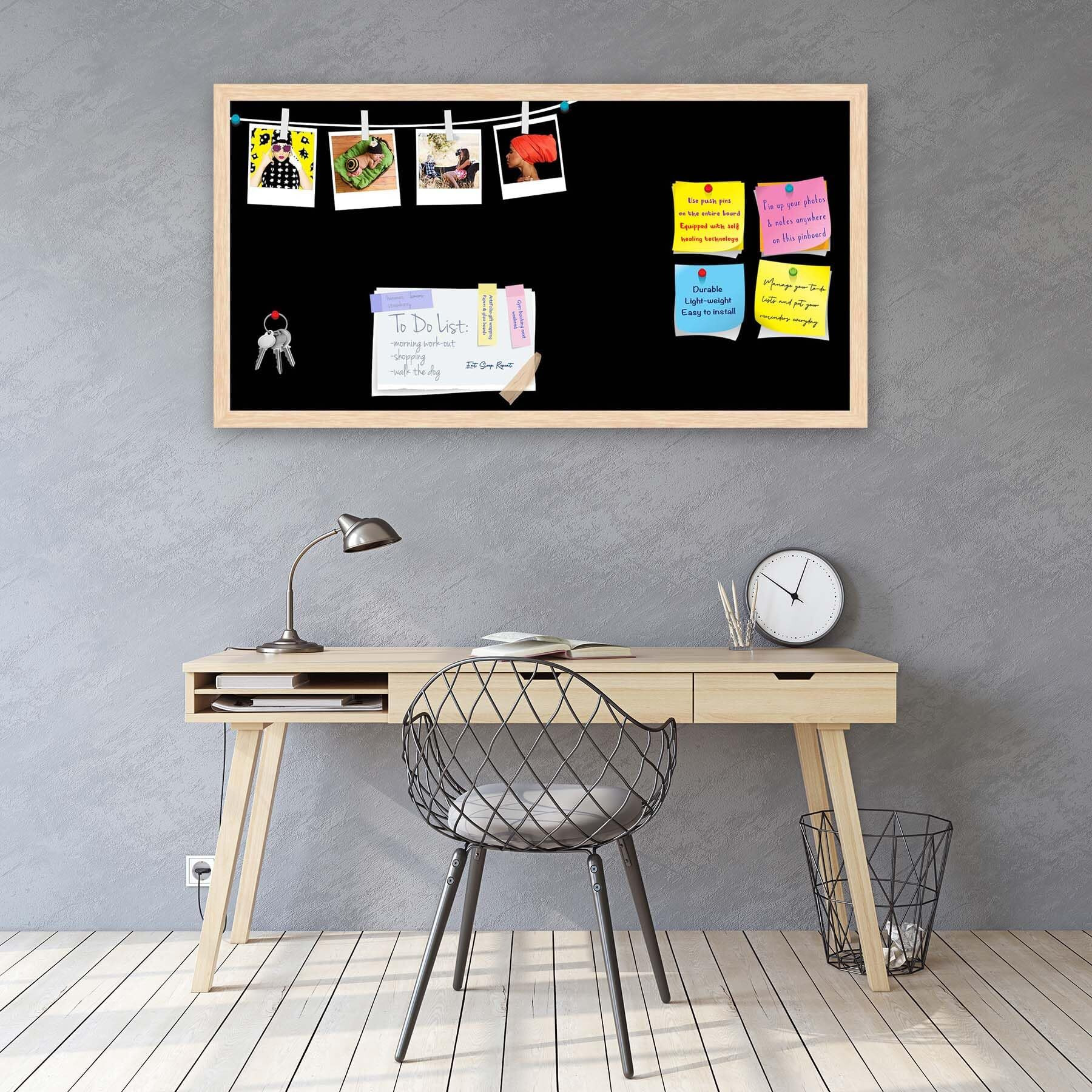 ArtzFolio Greys Family Black Colour | Bulletin Board Notice Pin Board | Vision Soft Board Combo with Thumb Push Pins & Sticky Notes | Natural Brown Frame | 36 x 18 inch (91 x 46 cms)