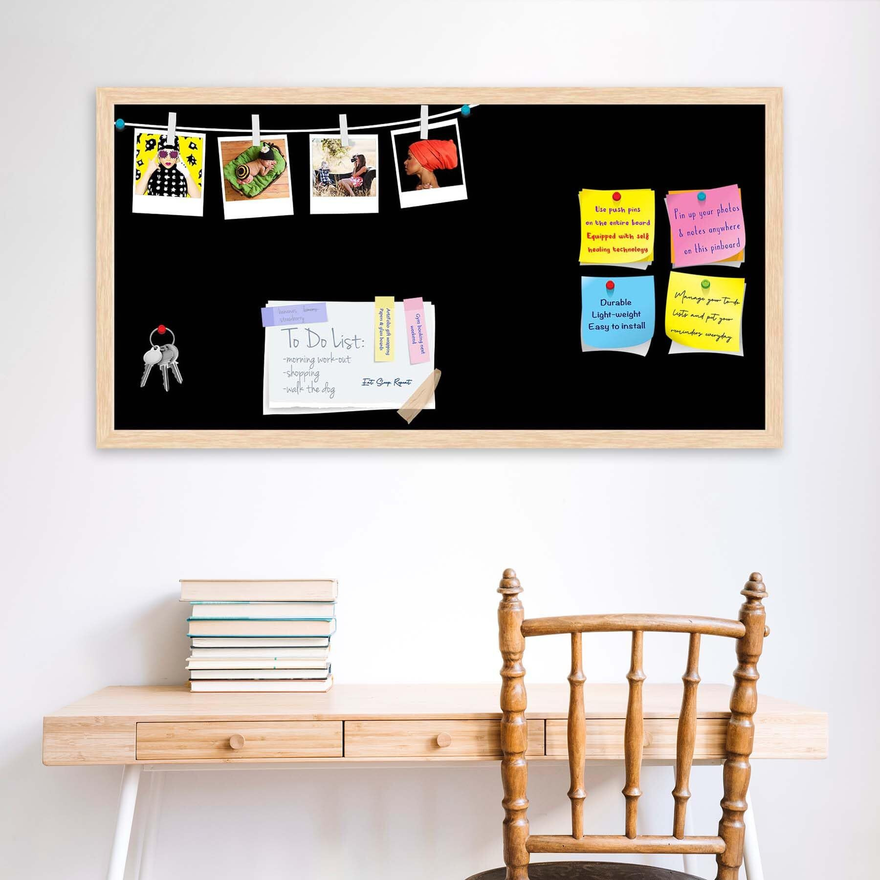 ArtzFolio Greys Family Black Colour | Bulletin Board Notice Pin Board | Vision Soft Board Combo with Thumb Push Pins & Sticky Notes | Natural Brown Frame | 36 x 18 inch (91 x 46 cms)