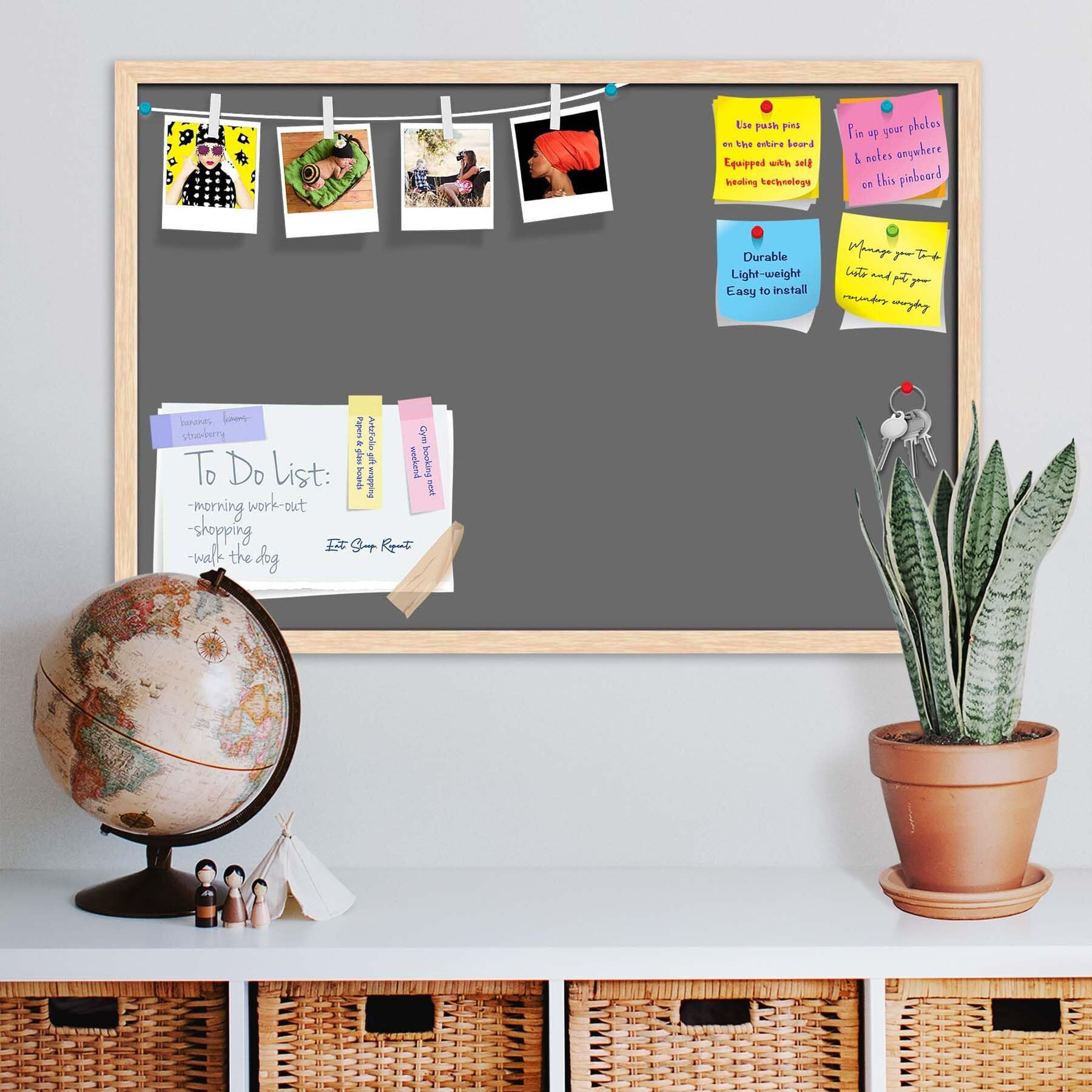 ArtzFolio Greys Family Dim Gray Colour | Bulletin Board Notice Pin Board | Vision Soft Board Combo with Thumb Push Pins & Sticky Notes | Natural Brown Frame | 18 x 12 inch (46 x 30 cms)