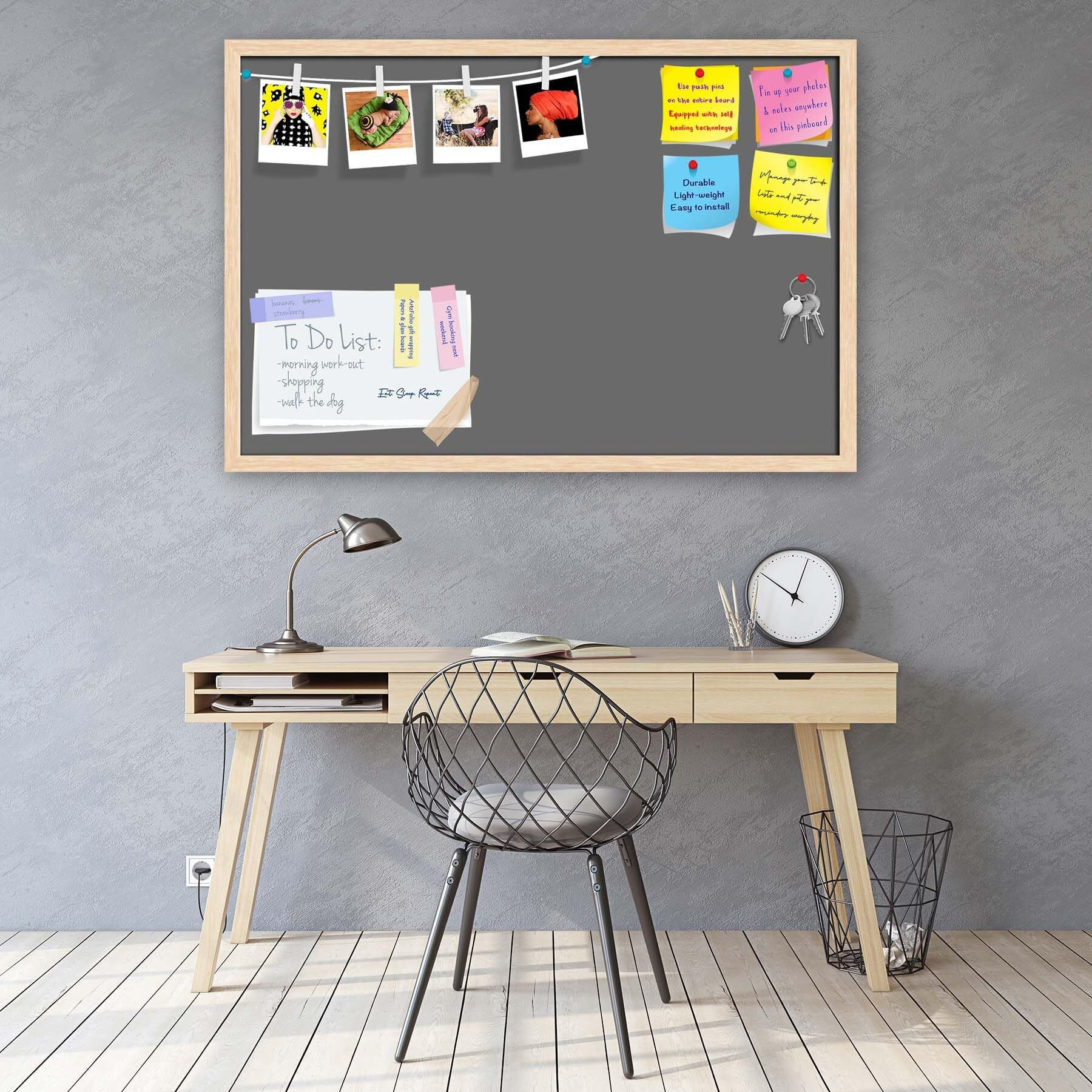 ArtzFolio Greys Family Dim Gray Colour | Bulletin Board Notice Pin Board | Vision Soft Board Combo with Thumb Push Pins & Sticky Notes | Natural Brown Frame | 18 x 12 inch (46 x 30 cms)