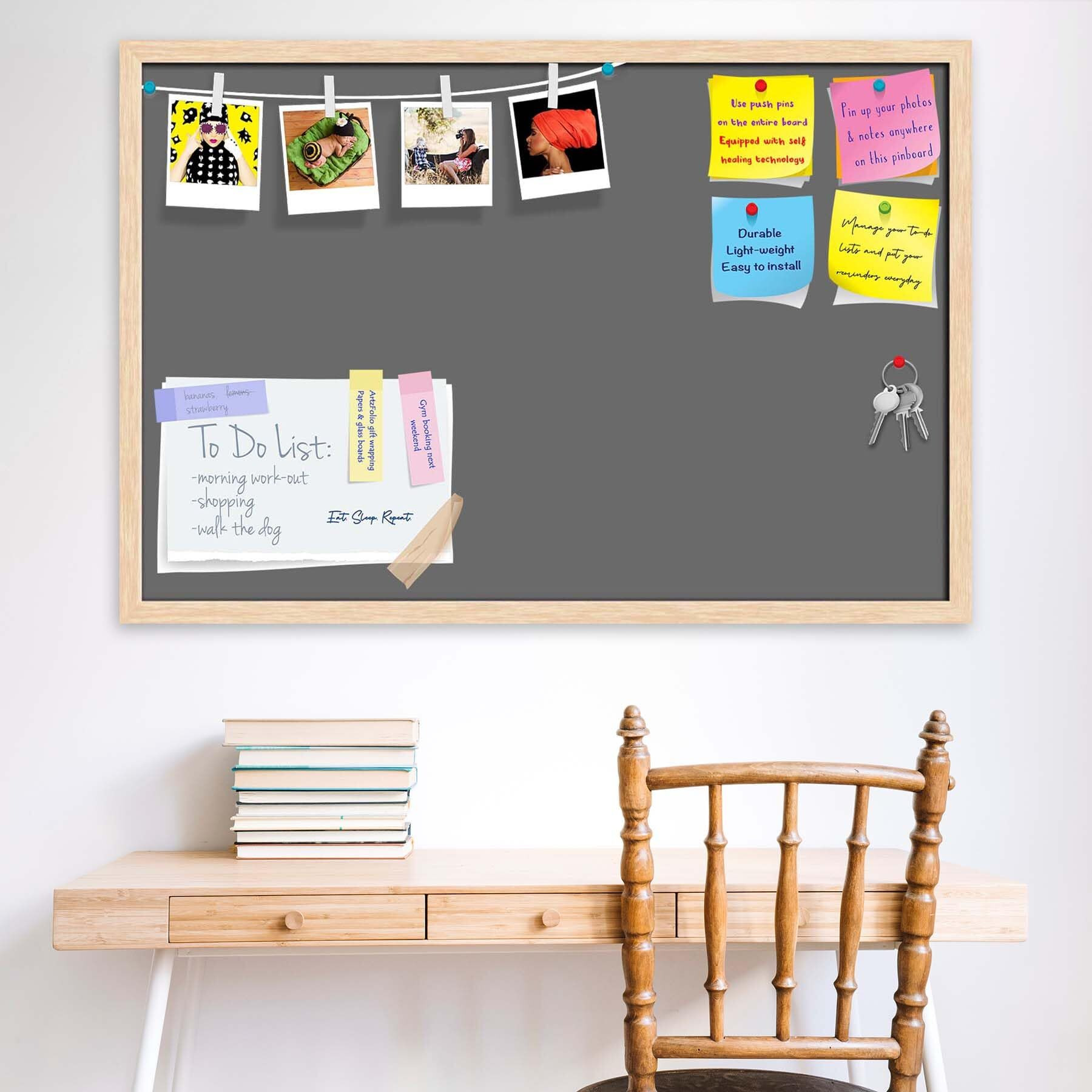 ArtzFolio Greys Family Dim Gray Colour | Bulletin Board Notice Pin Board | Vision Soft Board Combo with Thumb Push Pins & Sticky Notes | Natural Brown Frame | 18 x 12 inch (46 x 30 cms)