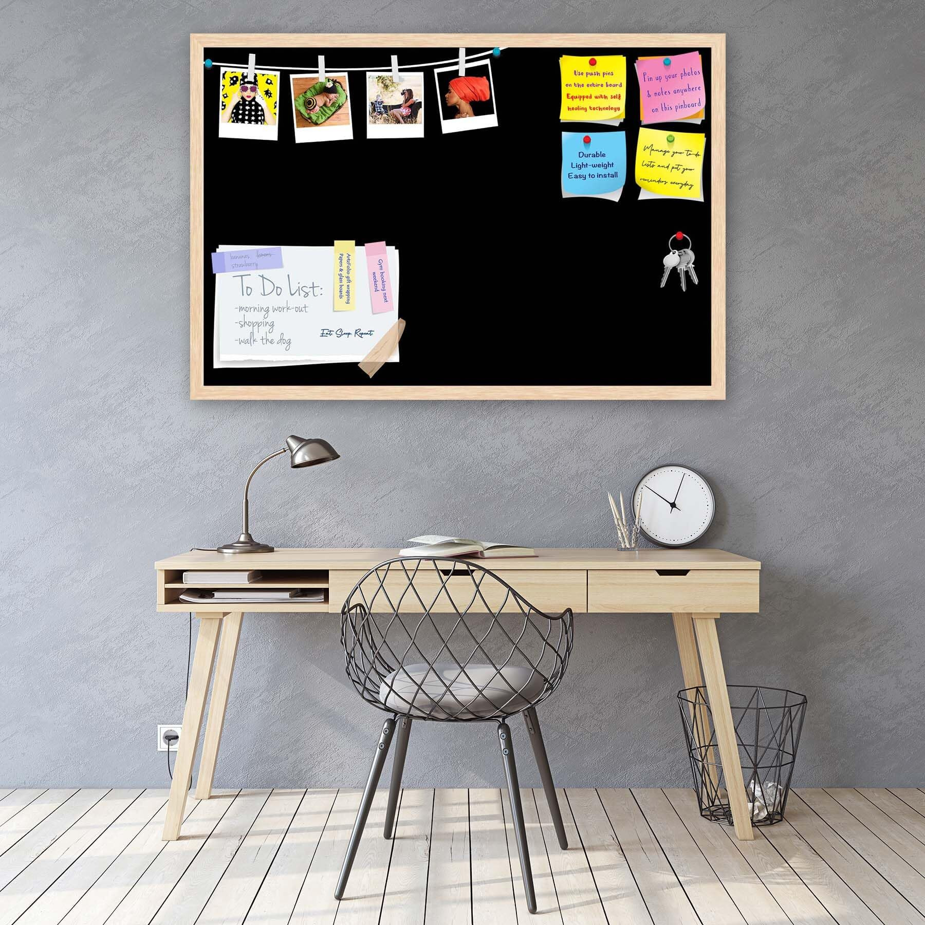 ArtzFolio Greys Family Black Colour | Bulletin Board Notice Pin Board | Vision Soft Board Combo with Thumb Push Pins & Sticky Notes | Natural Brown Frame | 30 x 20 inch (76 x 51 cms)