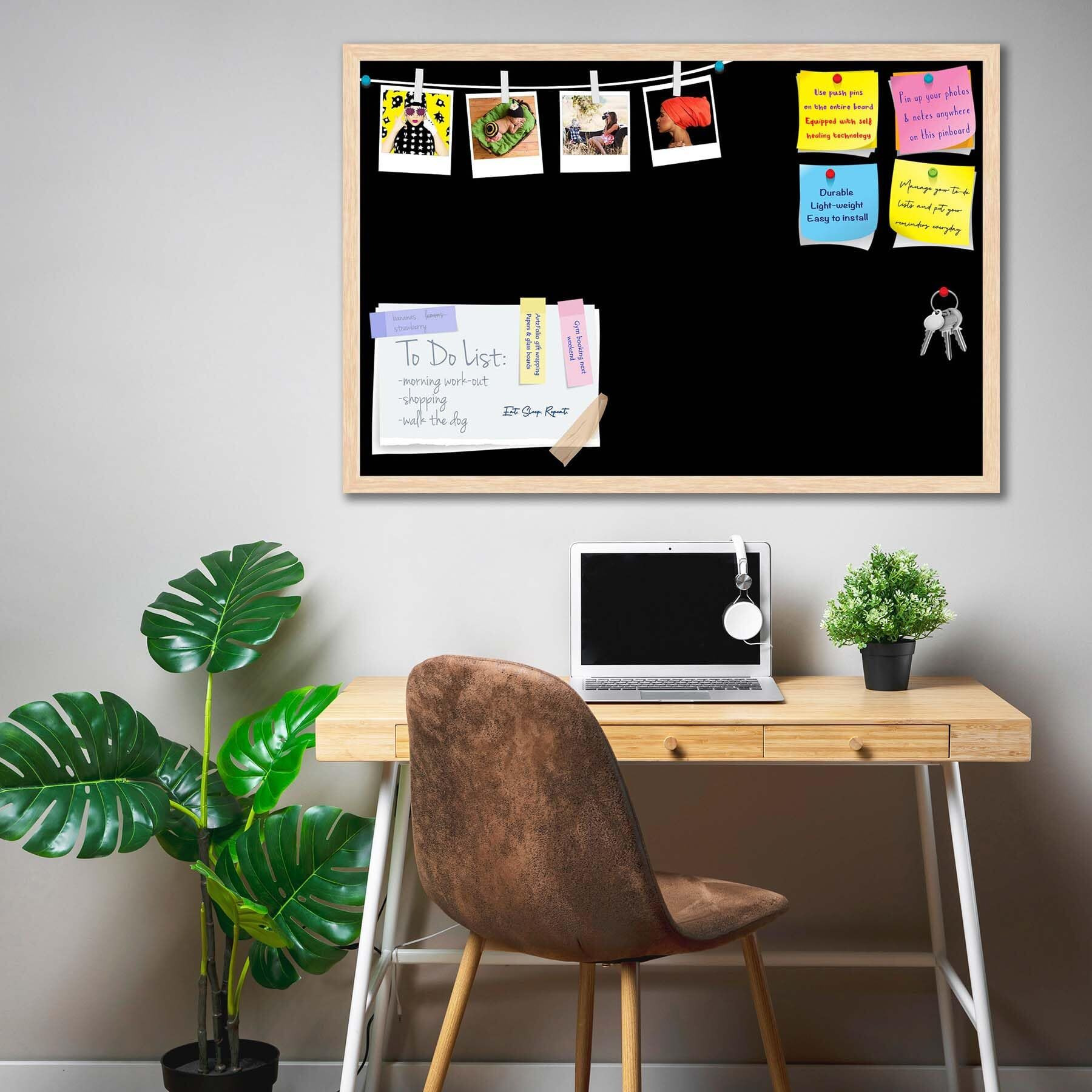 ArtzFolio Greys Family Black Colour | Bulletin Board Notice Pin Board | Vision Soft Board Combo with Thumb Push Pins & Sticky Notes | Natural Brown Frame | 30 x 20 inch (76 x 51 cms)