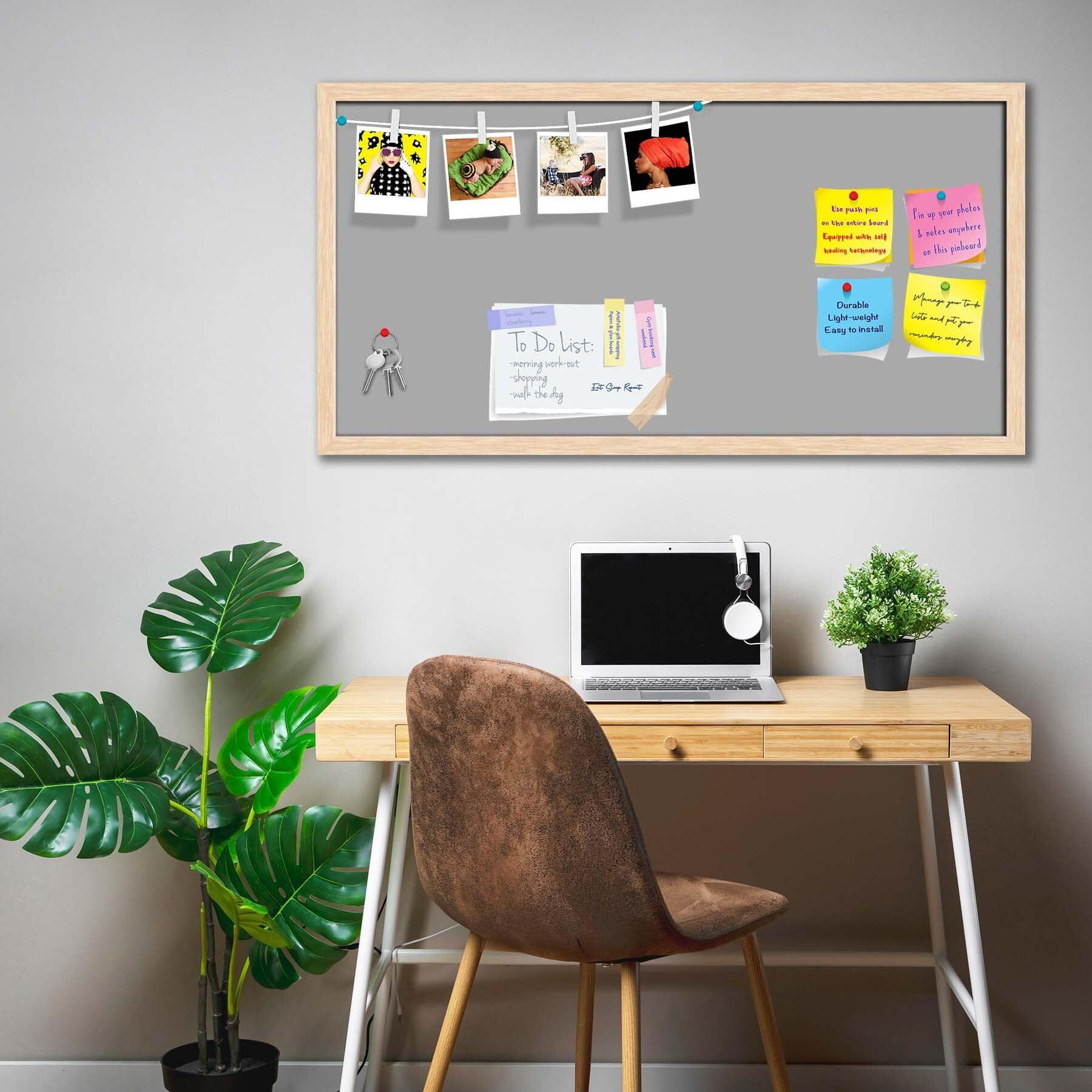 ArtzFolio Greys Family Dark Gray Colour | Bulletin Board Notice Pin Board | Vision Soft Board Combo with Thumb Push Pins & Sticky Notes | Natural Brown Frame | 24 x 12 inch (61 x 30 cms)