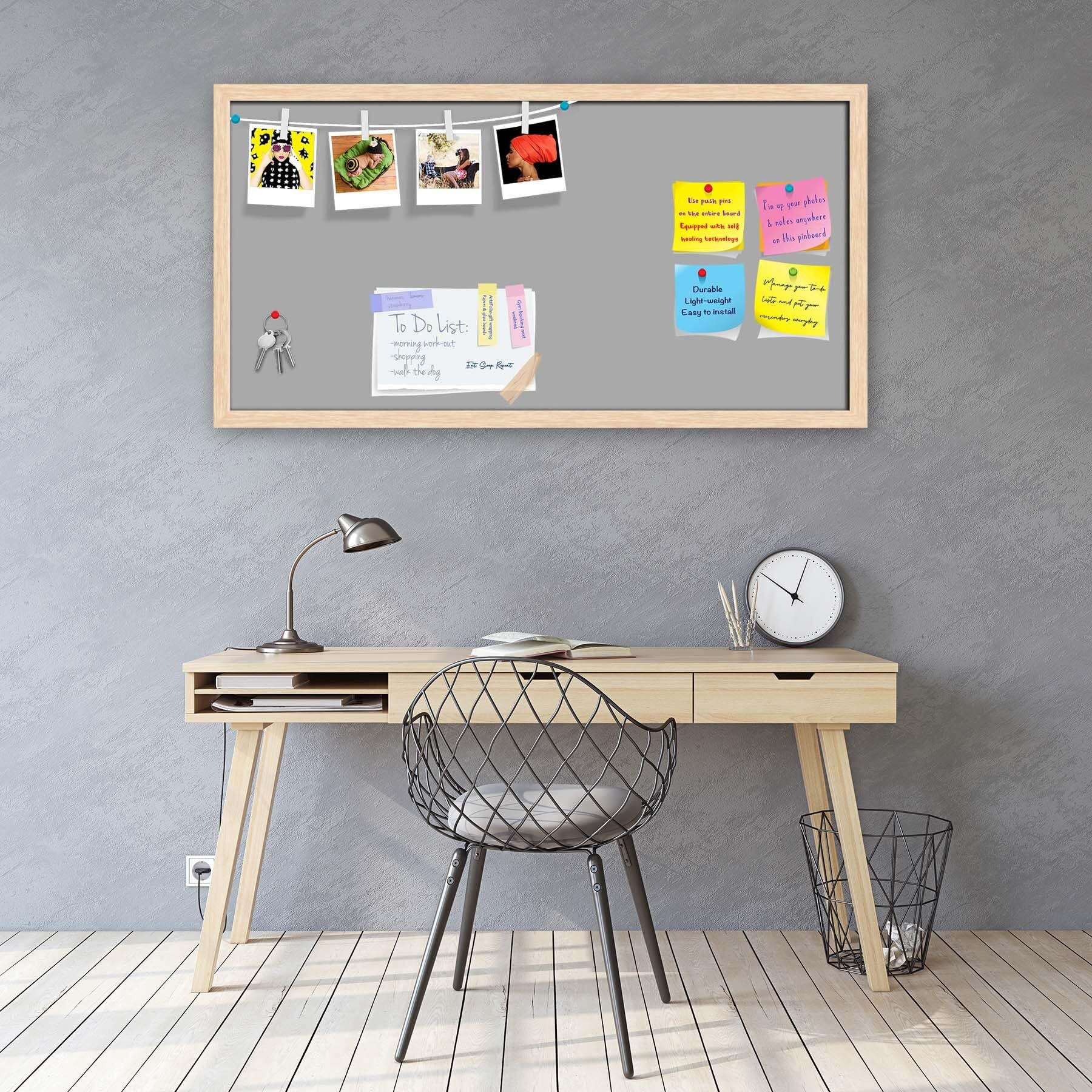 ArtzFolio Greys Family Dark Gray Colour | Bulletin Board Notice Pin Board | Vision Soft Board Combo with Thumb Push Pins & Sticky Notes | Natural Brown Frame | 24 x 12 inch (61 x 30 cms)