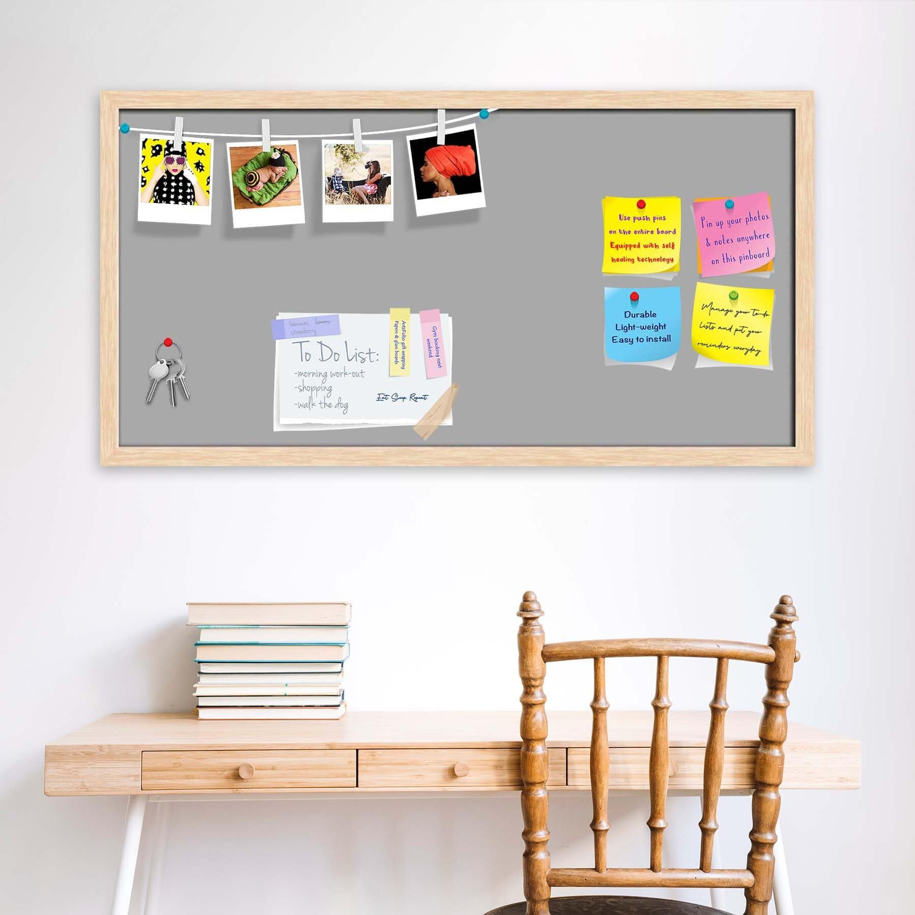 ArtzFolio Greys Family Dark Gray Colour | Bulletin Board Notice Pin Board | Vision Soft Board Combo with Thumb Push Pins & Sticky Notes | Natural Brown Frame | 24 x 12 inch (61 x 30 cms)