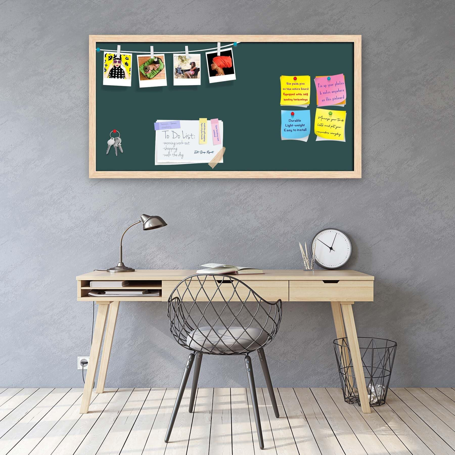 ArtzFolio Greys Family Dark Slate Gray Colour | Bulletin Board Notice Pin Board | Vision Soft Board Combo with Thumb Push Pins & Sticky Notes | Natural Brown Frame | 24 x 12 inch (61 x 30 cms)