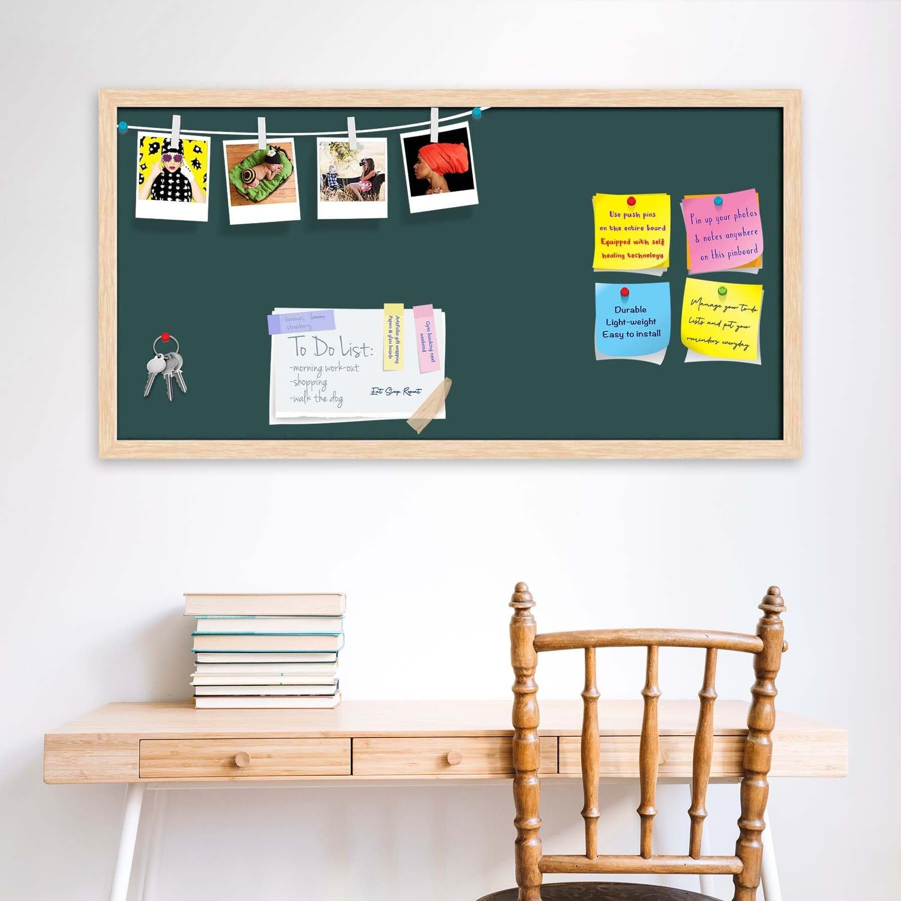 ArtzFolio Greys Family Dark Slate Gray Colour | Bulletin Board Notice Pin Board | Vision Soft Board Combo with Thumb Push Pins & Sticky Notes | Natural Brown Frame | 24 x 12 inch (61 x 30 cms)