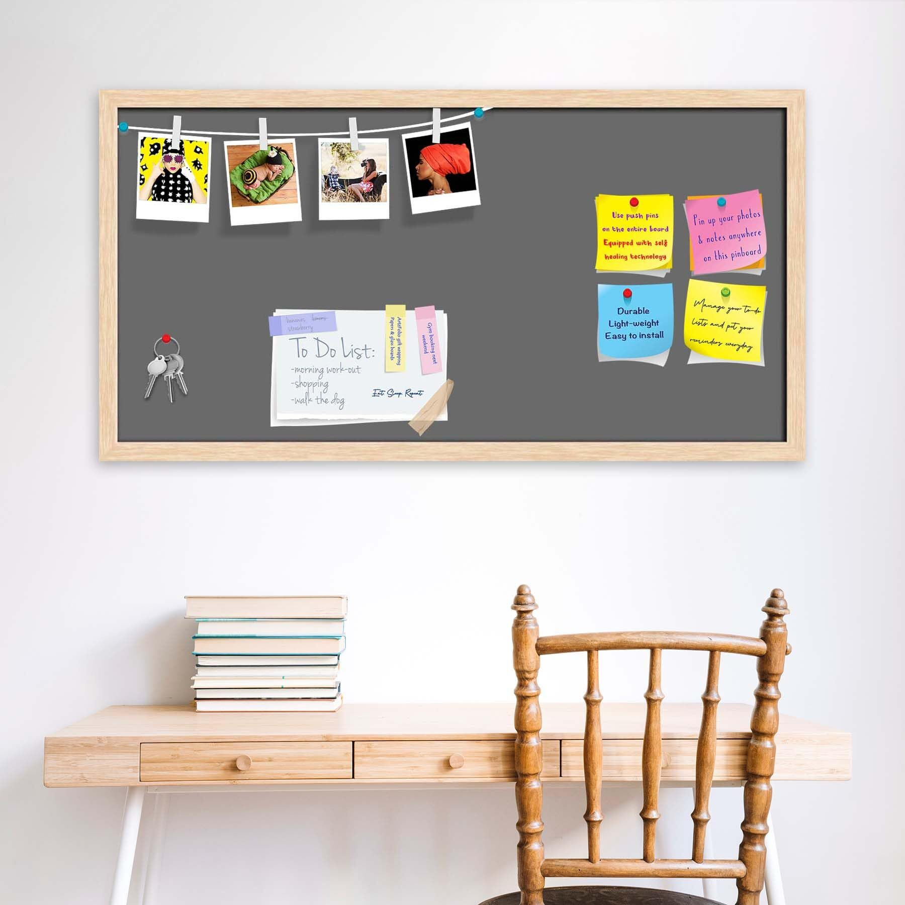 ArtzFolio Greys Family Dim Gray Colour | Bulletin Board Notice Pin Board | Vision Soft Board Combo with Thumb Push Pins & Sticky Notes | Natural Brown Frame | 36 x 18 inch (91 x 46 cms)