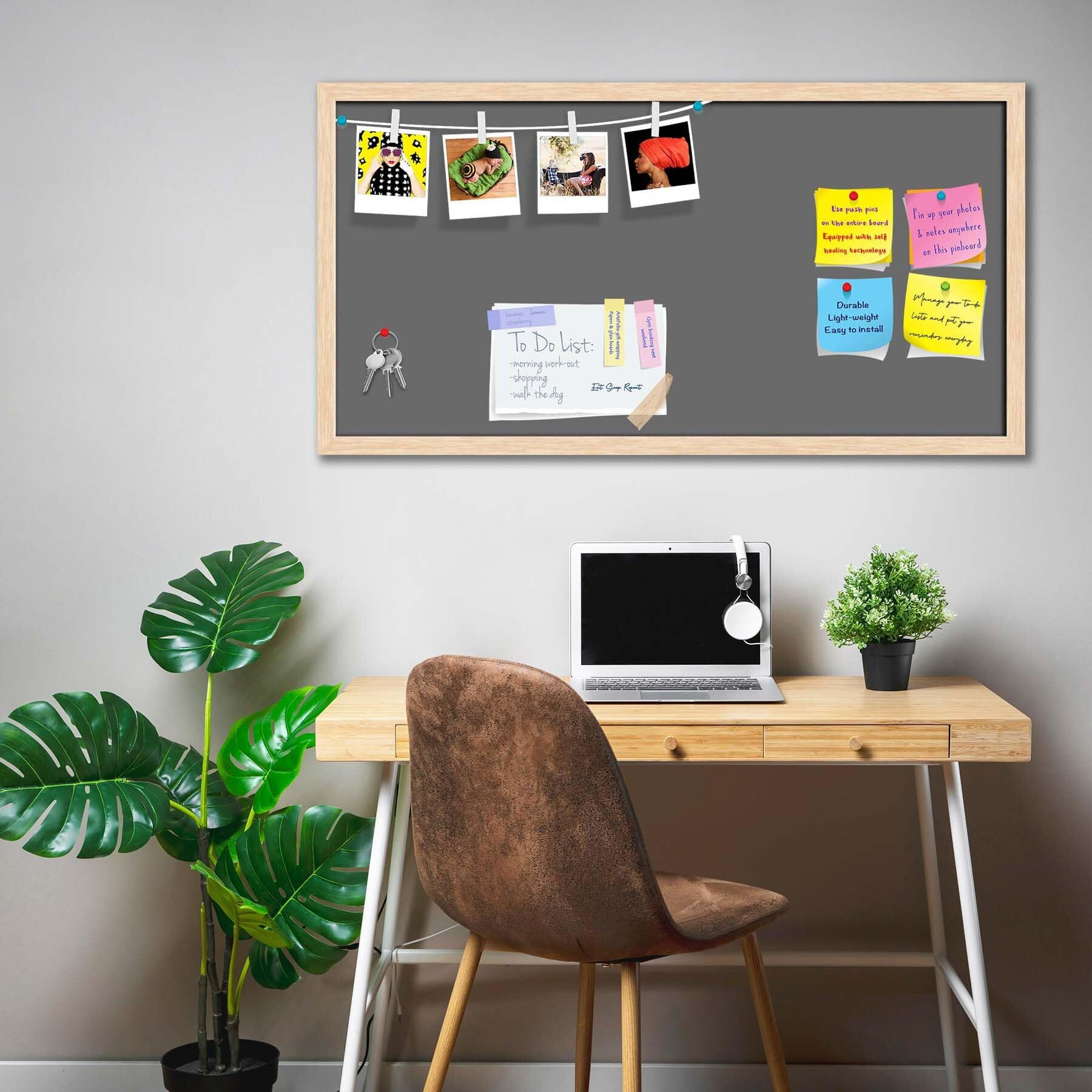 ArtzFolio Greys Family Dim Gray Colour | Bulletin Board Notice Pin Board | Vision Soft Board Combo with Thumb Push Pins & Sticky Notes | Natural Brown Frame | 36 x 18 inch (91 x 46 cms)