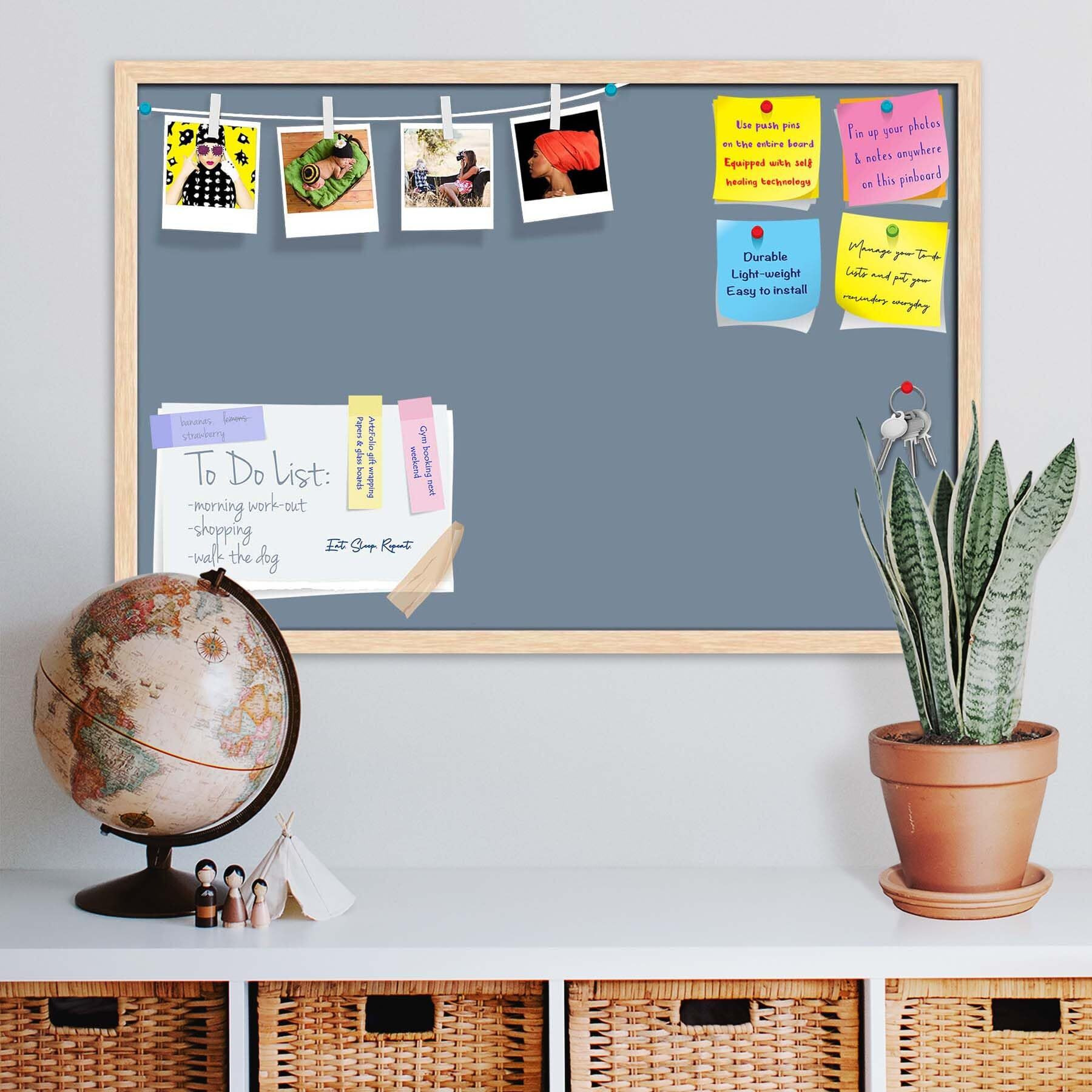 ArtzFolio Greys Family Light Slate Gray Colour | Bulletin Board Notice Pin Board | Vision Soft Board Combo with Thumb Push Pins & Sticky Notes | Natural Brown Frame | 18 x 12 inch (46 x 30 cms)