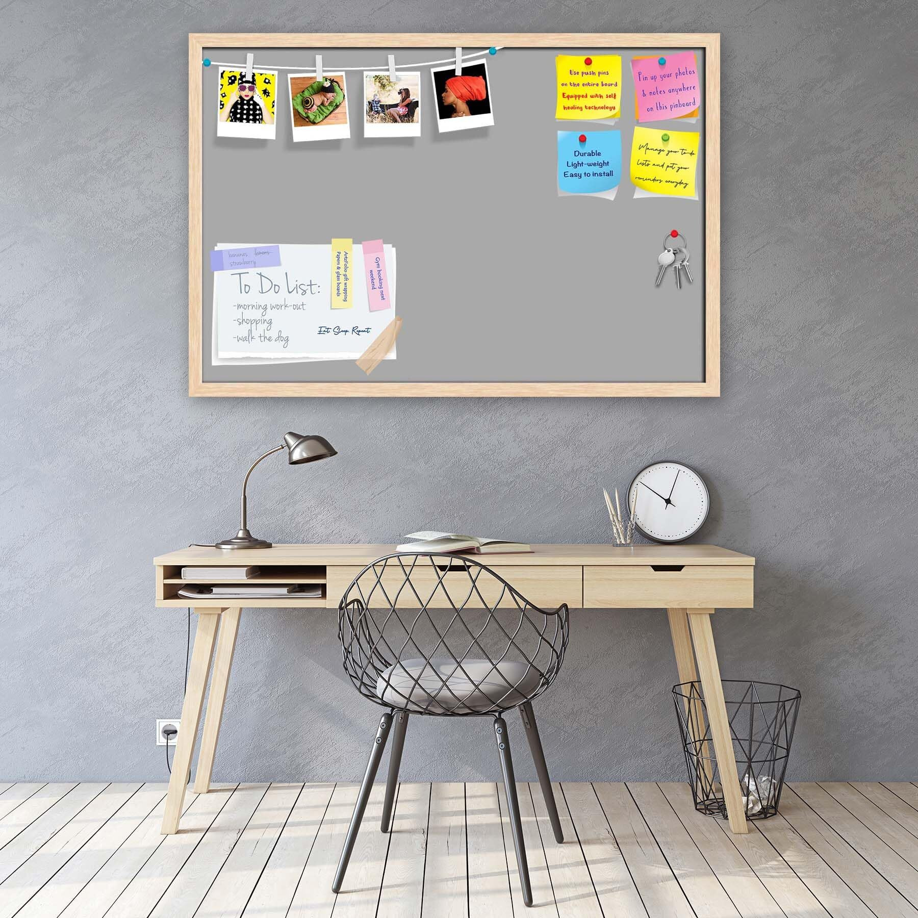 ArtzFolio Greys Family Dark Gray Colour | Bulletin Board Notice Pin Board | Vision Soft Board Combo with Thumb Push Pins & Sticky Notes | Natural Brown Frame | 18 x 12 inch (46 x 30 cms)