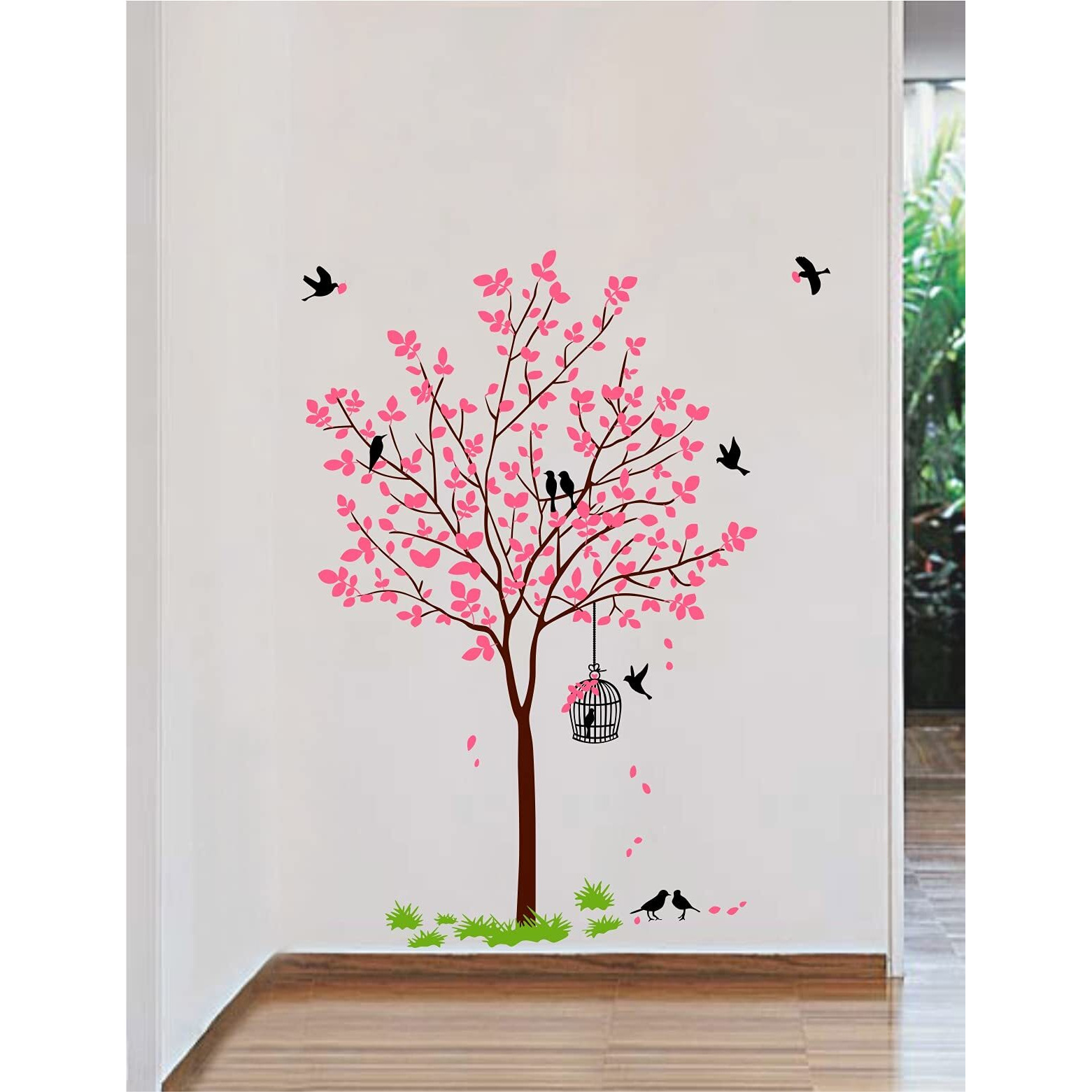 Decal O Decal PVC Vinyl Tree with Birds & Nest Botanical Wall Stickers(Pink,120X90cms),Self-Adhesive