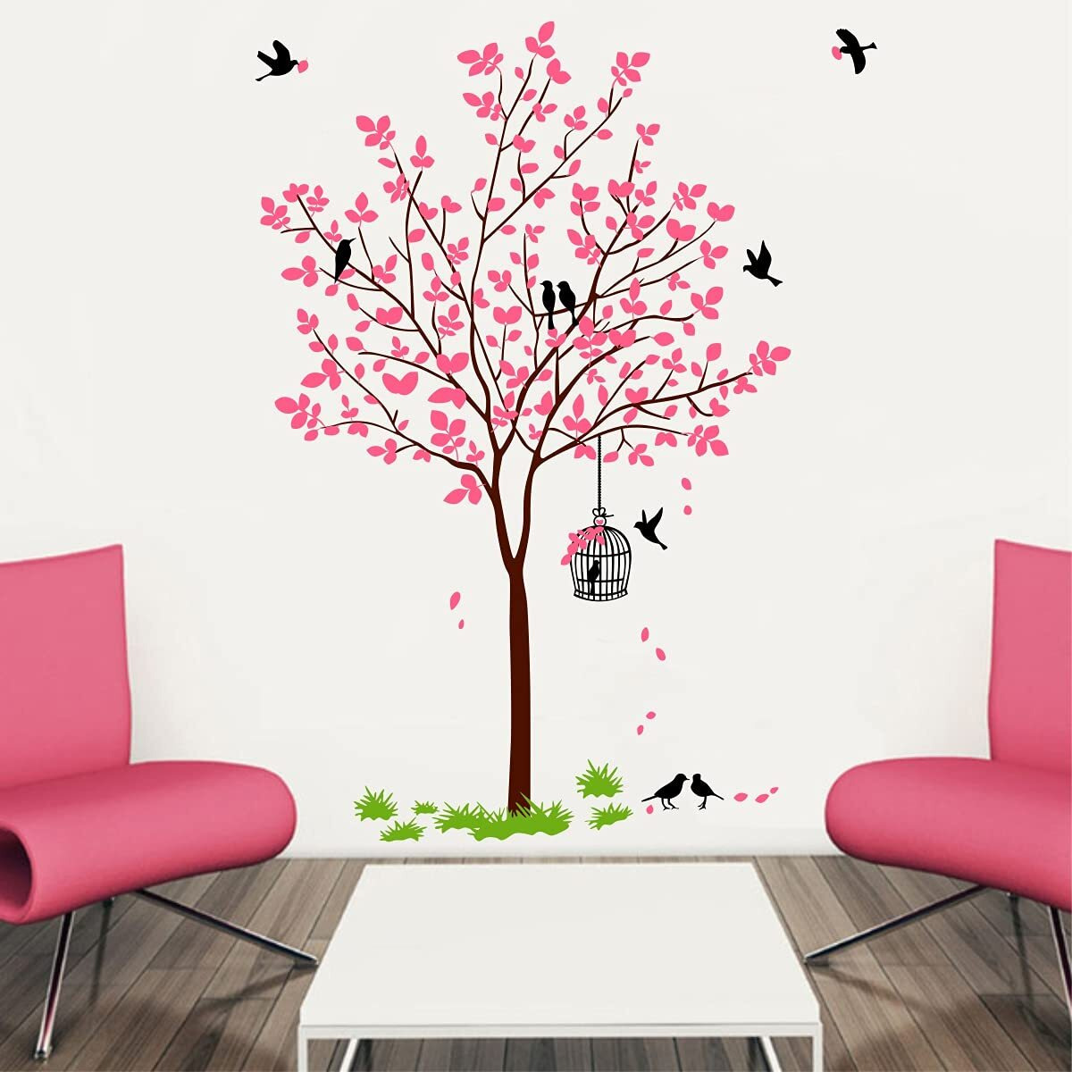 Decal O Decal PVC Vinyl Tree with Birds & Nest Botanical Wall Stickers(Pink,120X90cms),Self-Adhesive