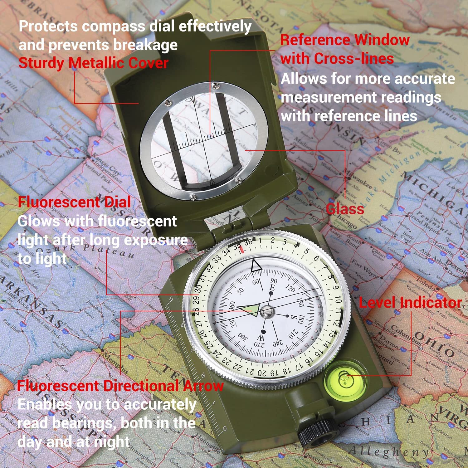 Compass, Sportneer High Accuracy Waterproof Military Compass with Carrying Bag Lensatic Sighting Waterproof and Shakeproof Compass Army Green Suitable for Camping Hiking