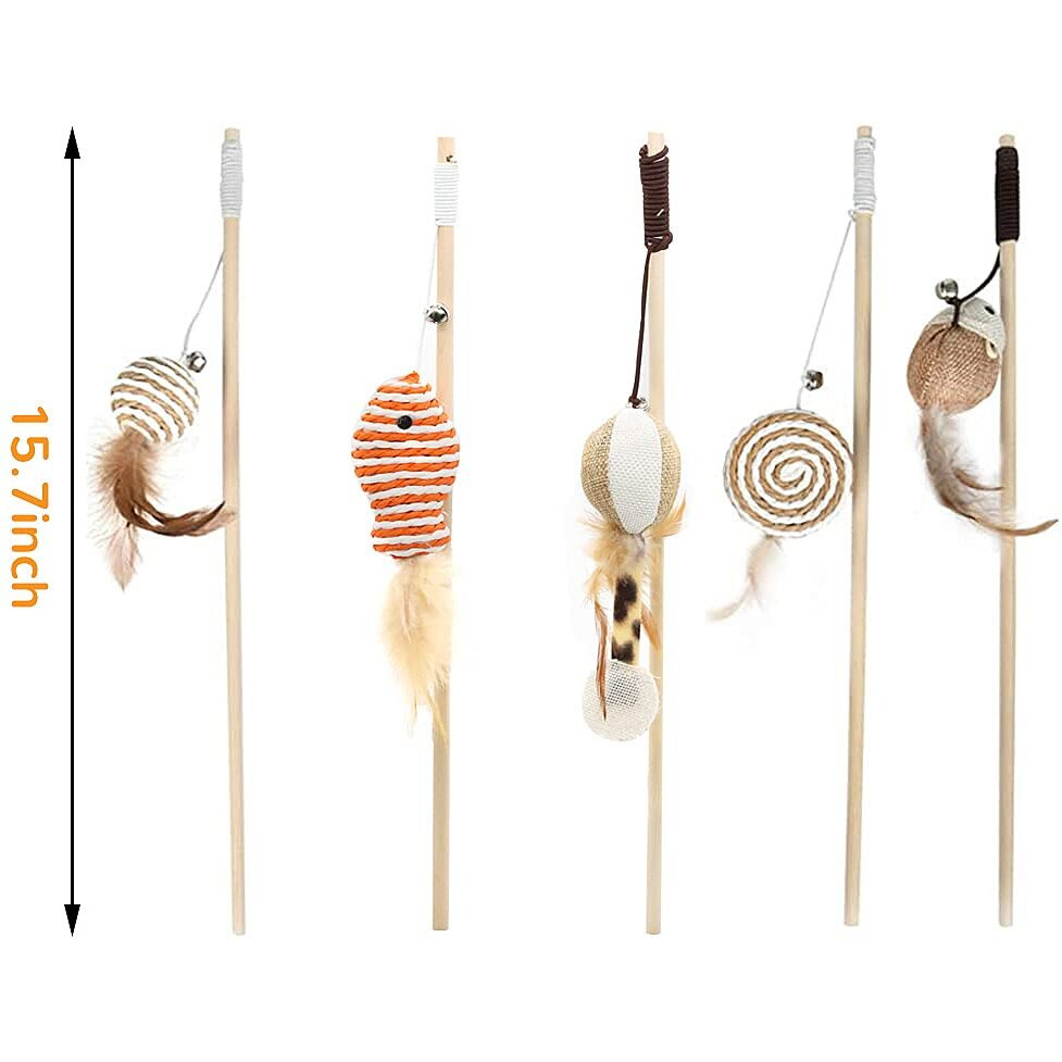 Qpets Premium Cat Toy Interactive Cat Toys Set of 5 Cat Teaser Wand Pet Toy for Cat Activity Fishing Rod with Mouse Natural Feathers Cat Toys for Kittens to Play Cat Games and Toys Mouse Toy