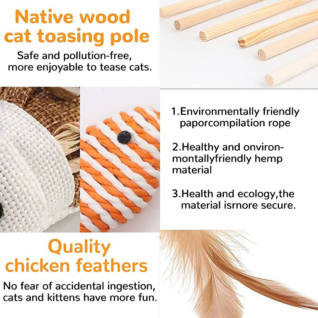 Qpets Premium Cat Toy Interactive Cat Toys Set of 5 Cat Teaser Wand Pet Toy for Cat Activity Fishing Rod with Mouse Natural Feathers Cat Toys for Kittens to Play Cat Games and Toys Mouse Toy
