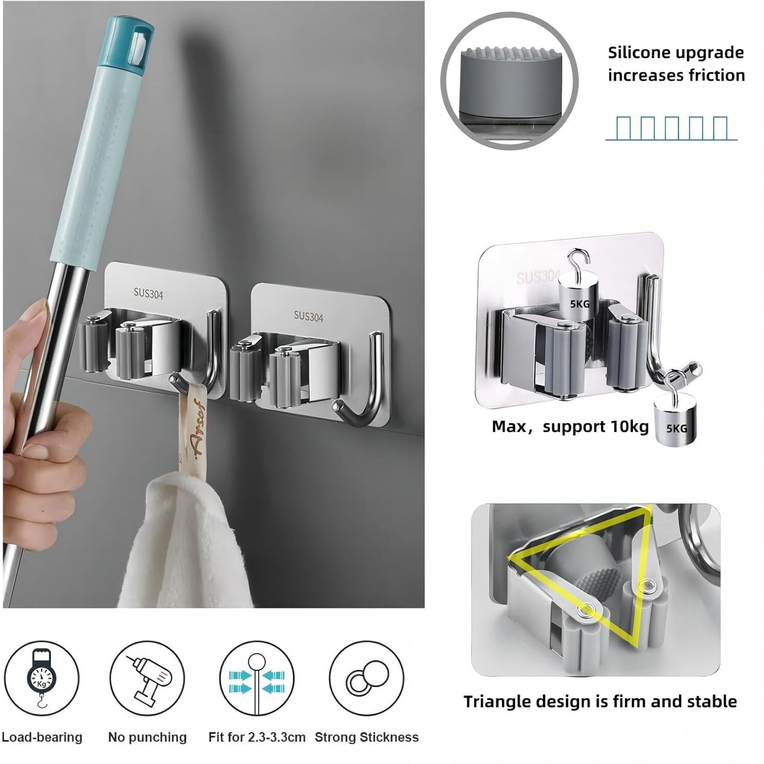 JD FRESH 1 Piece Self Adhesive Mop Holder/Wall Mounted Wiper Holder/Storage Organizers/Drill-Free Broom Stick Stand for Home/Indoor-Outdoor/Garage/Commercial/Bathroom Essentials/Umbrella(Grey)