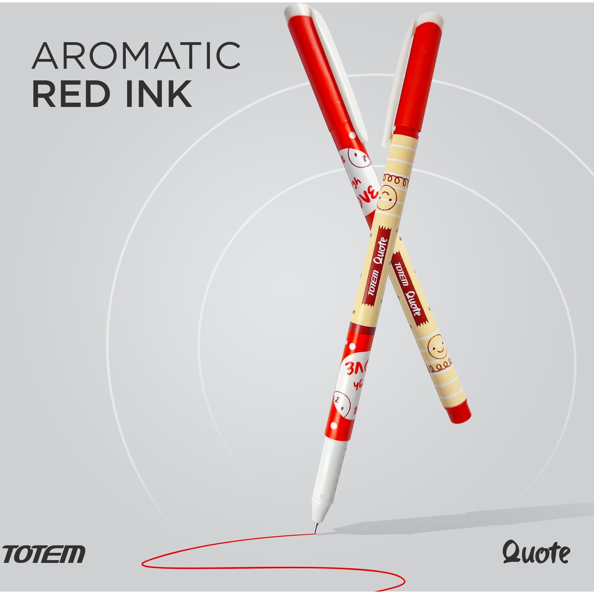TOTEM Quote Ball Pens | 30 Red Ink Pens | Scented Ink Pens | Cute Emoji Themed | 0.7 mm Tip for Smooth Writing | Red Pens for Teachers | School & Office Stationery
