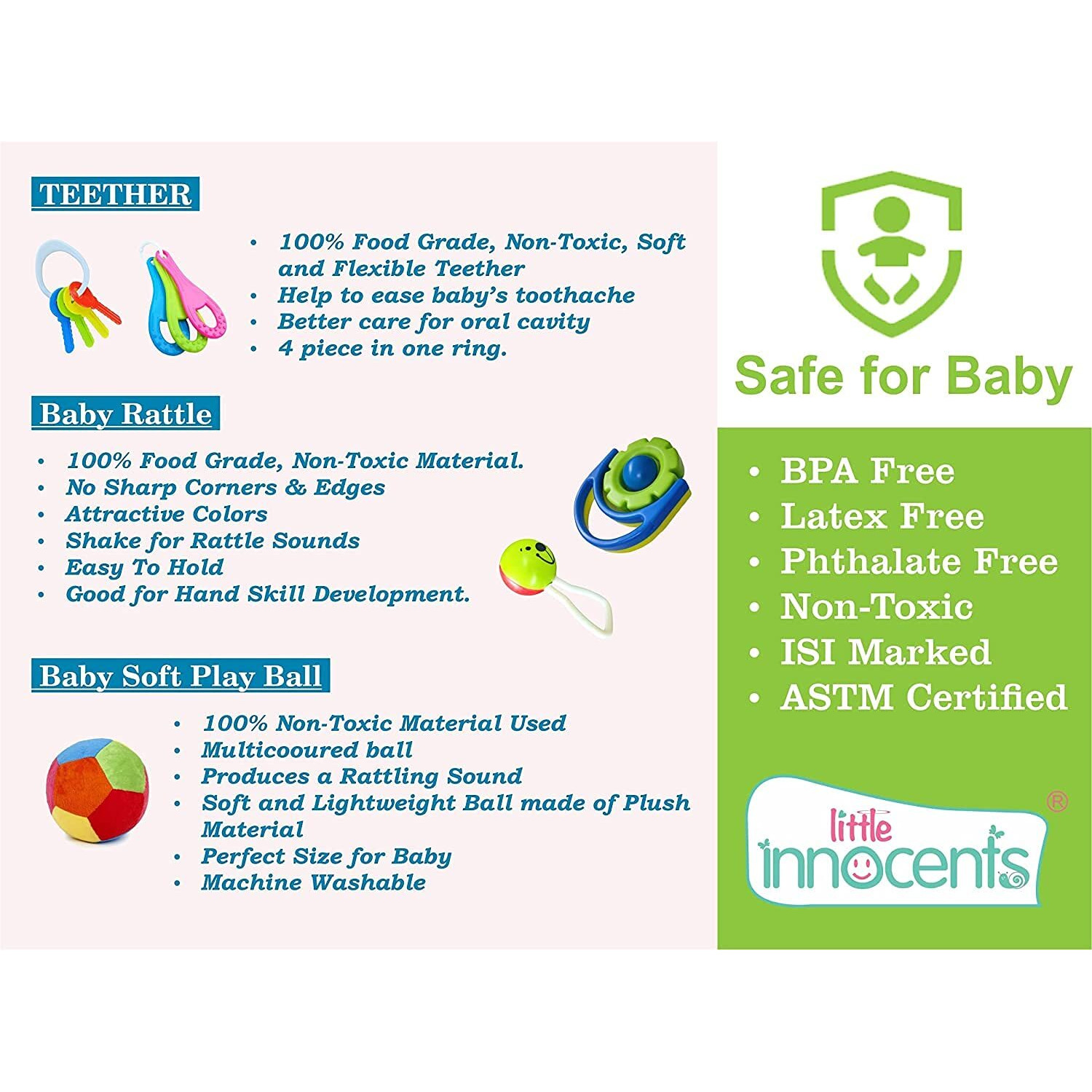 Little Innocents Plastic Bpa-Free Non Toxic Toddler Baby Rattles 5 Mutli Set With Ball, Multicolor