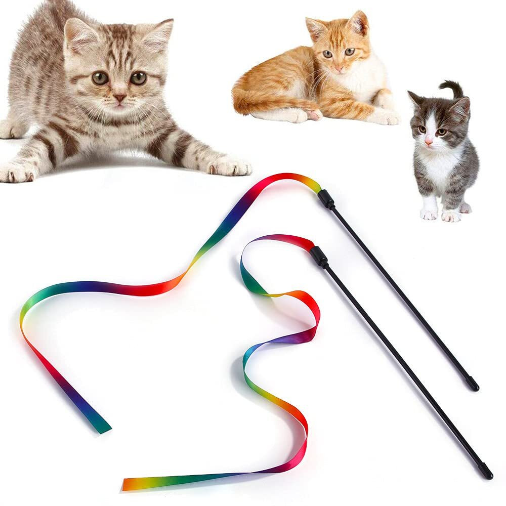 Qpets Cat Rainbow Wand Toys Interactive Cat Toy Colorful Ribbon Charmer for Kittens Cat Games and Toys Cat Playing Toys for Cat Pet- 2 PCS