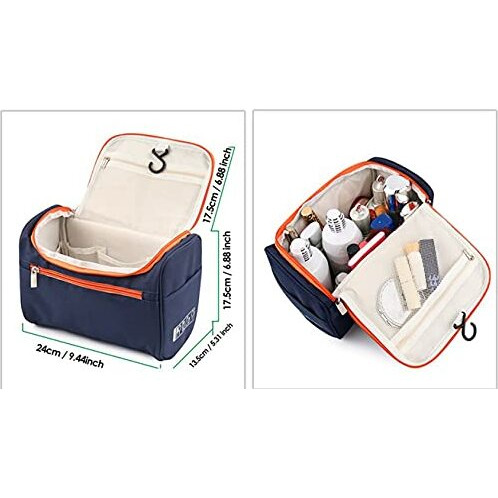 House of Quirk Polyester Hanging Travel Toiletry Kit Bag Organizer & Bathroom Kit With Hook For Traveling Accessories Toiletries Bathroom Shaving & Makeup For Men And Women (Blue/Orange),W-13.5 Cm