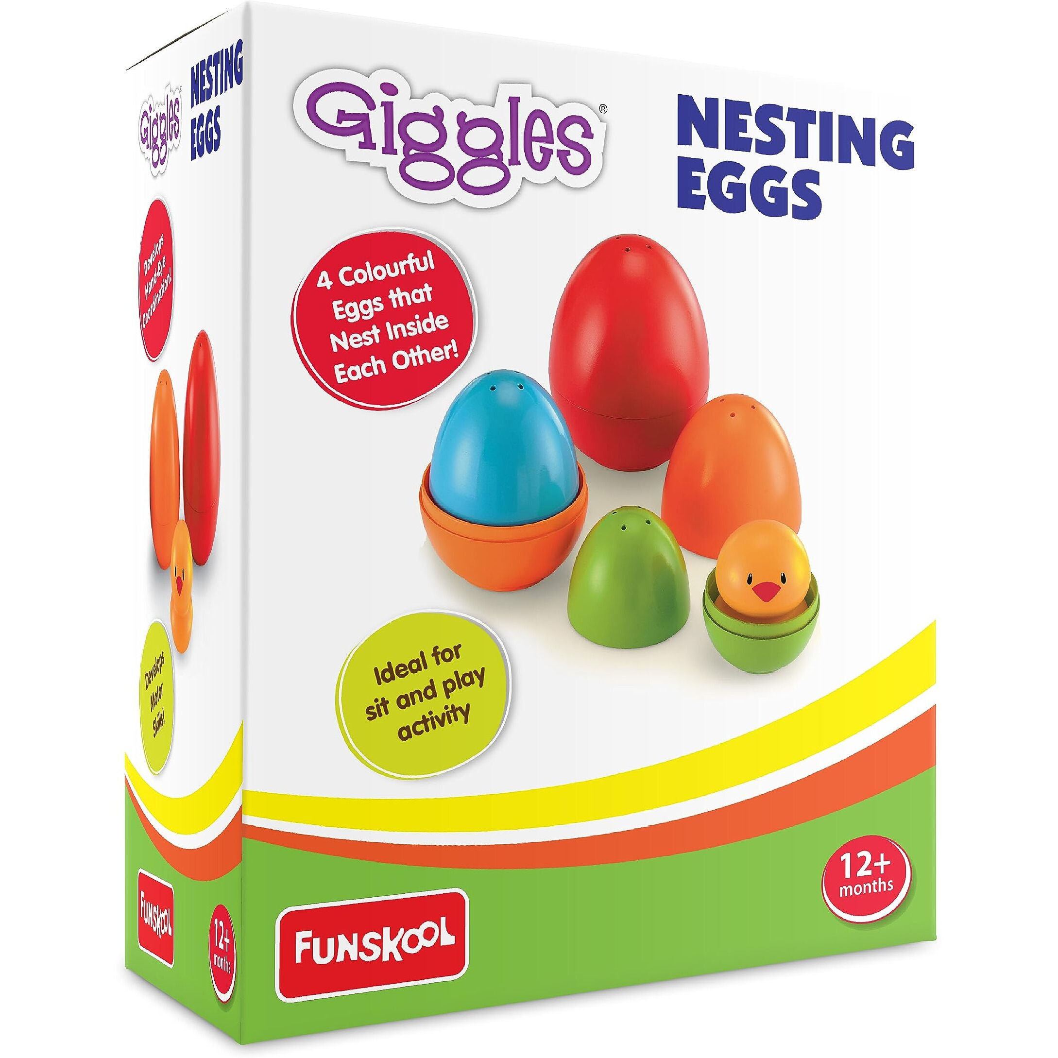 Giggles Funskool Plastic Eggs Nesting Toy With A Chick,Helps To Match,Nest And Discover,12 Months&Above,Infant And Preschool Toys,Multi Color Pack Of 4 Pcs