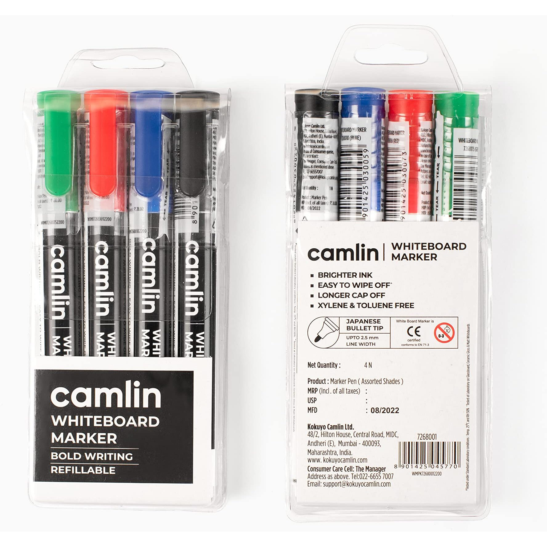 Camlin Pb White Board Bold Marker - Pack Of 4 (Black, Blue, Red, Green)
