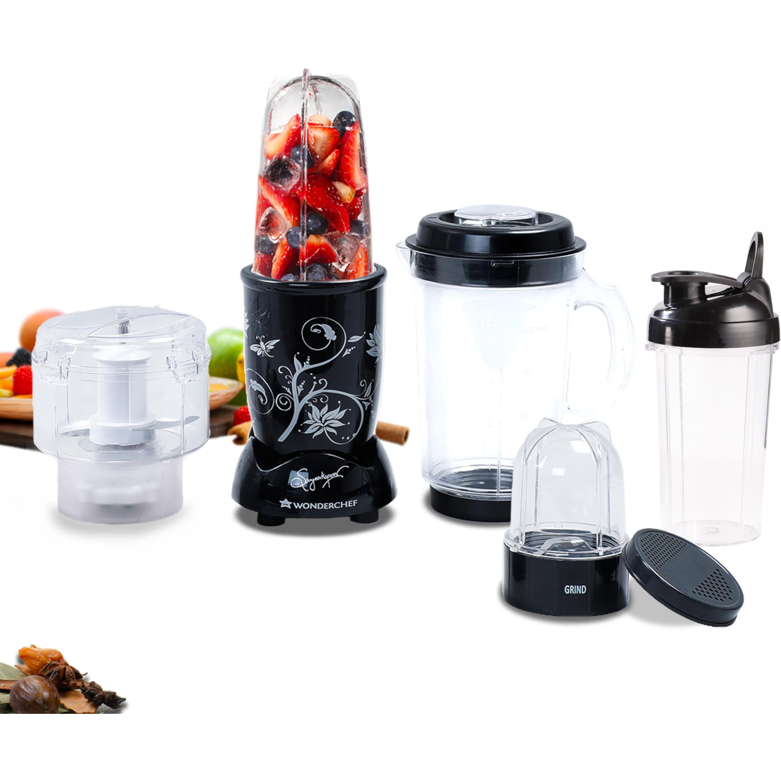 Wonderchef Nutri-Blend Juicer, Mixer, Grinder| 500 Watts 100% Full Copper Motor| Complete Kitchen Machine|4 Unbreakable Jars|2 Years Warranty|Recipe Book By Chef Sanjeev Kapoor|Black