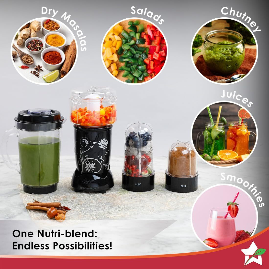 Wonderchef Nutri-Blend Juicer, Mixer, Grinder| 500 Watts 100% Full Copper Motor| Complete Kitchen Machine|4 Unbreakable Jars|2 Years Warranty|Recipe Book By Chef Sanjeev Kapoor|Black