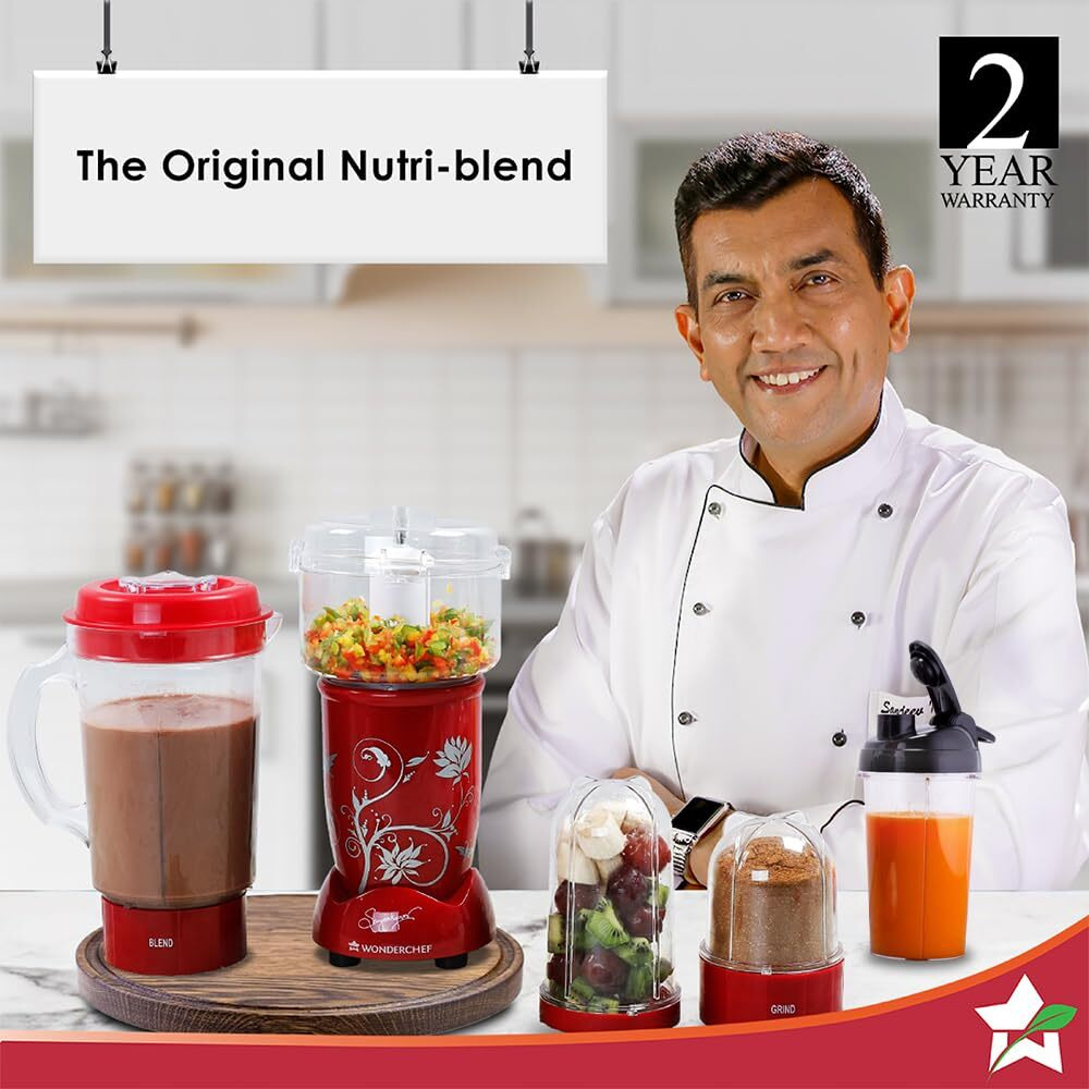 Wonderchef Nutri Blend Complete Kitchen Machine, Mixer Grinder, Blender, Chopper, Juicer, Stainless Steel Blades, 4 Jars, 2 Yrs Warranty, 400 Watts, Red, Online Recipe Book By Chef Sanjeev Kapoor