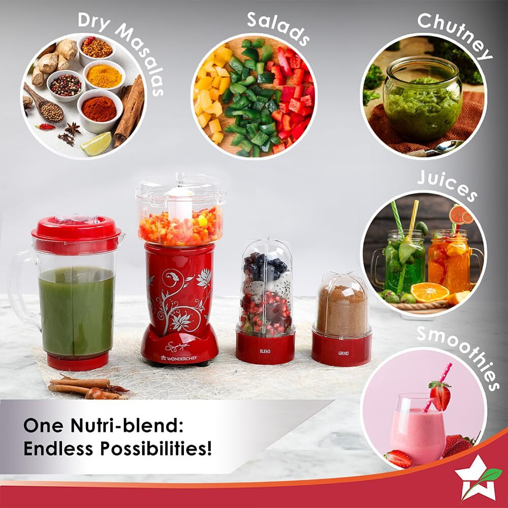 Wonderchef Nutri Blend Complete Kitchen Machine, Mixer Grinder, Blender, Chopper, Juicer, Stainless Steel Blades, 4 Jars, 2 Yrs Warranty, 400 Watts, Red, Online Recipe Book By Chef Sanjeev Kapoor