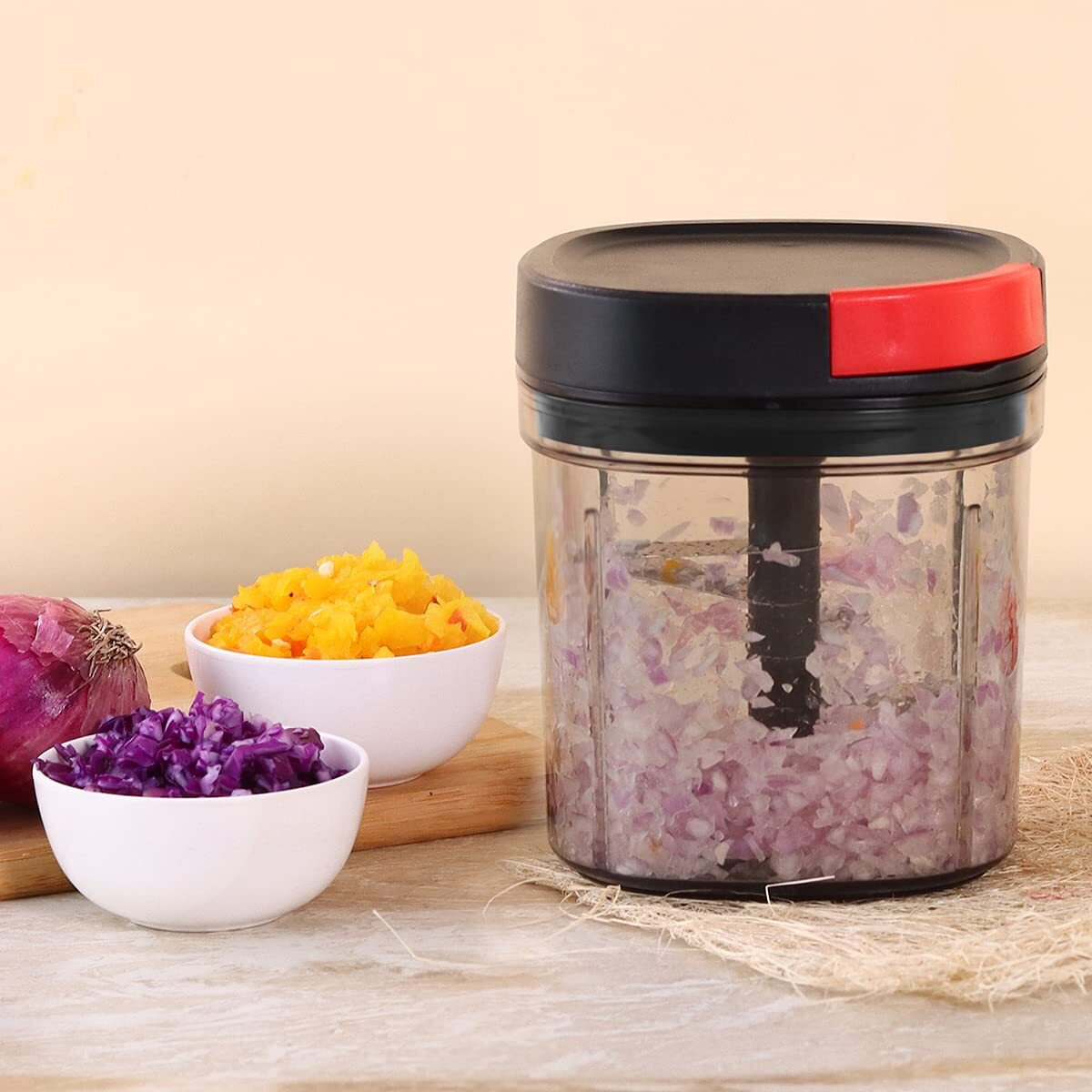 Wonderchef Glory String Vegetable Chopper With 6 Sharp Ss Blade, Anti Slip Silicon Base Ring, Air Tight Lid, 900Ml, 1 Year Warranty