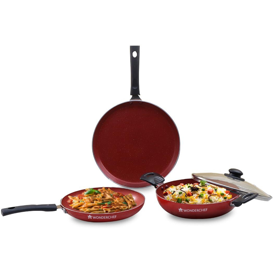 Wonderchef Valencia Non-Stick Cookware 4 Piece Set | Kadhai With Lid 24 Cm, Fry Pan 24 Cm, Dosa Tawa 28 Cm | Cool Touch Bakelite Handles | Pure Grade Aluminium| Pfoa Free| 2 Years Warranty | Red