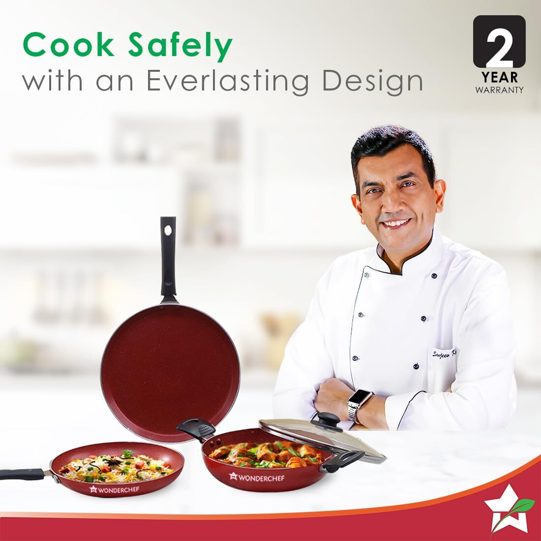 Wonderchef Valencia Non-Stick Cookware 4 Piece Set | Kadhai With Lid 24 Cm, Fry Pan 24 Cm, Dosa Tawa 28 Cm | Cool Touch Bakelite Handles | Pure Grade Aluminium| Pfoa Free| 2 Years Warranty | Red