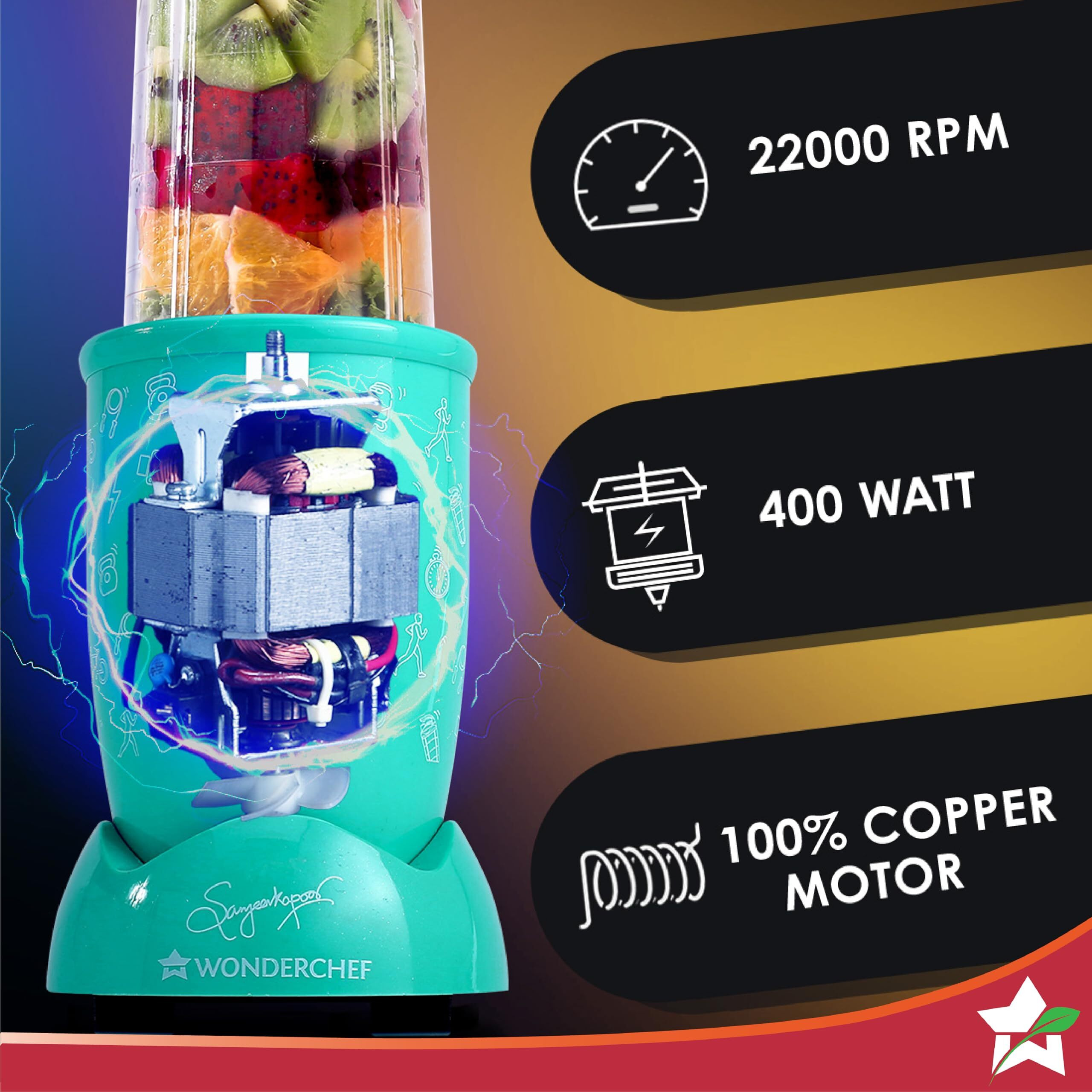 Wonderchef Nutri-Blend Go, 22000 Rpm 100% Full Copper Motor, 1 Unbreakable Jar, 400 W, 2 Year Warranty By Wonderchef, Recipe Book By Chef Sanjeev Kapoor, Mint